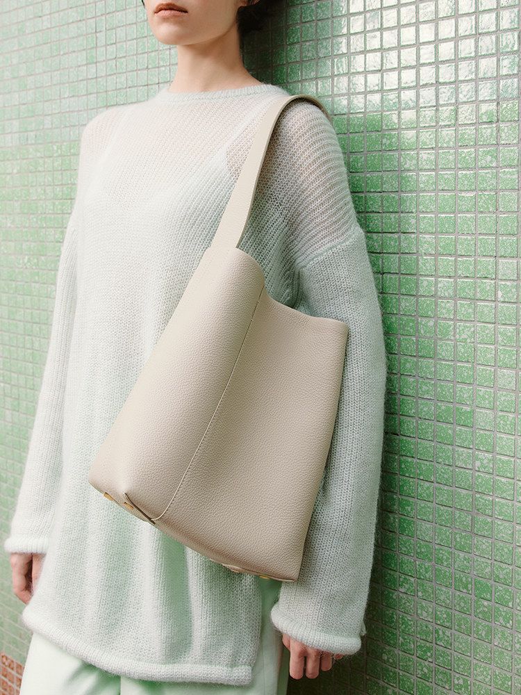 Pebbled Top-Grain Leather Bucket Tote