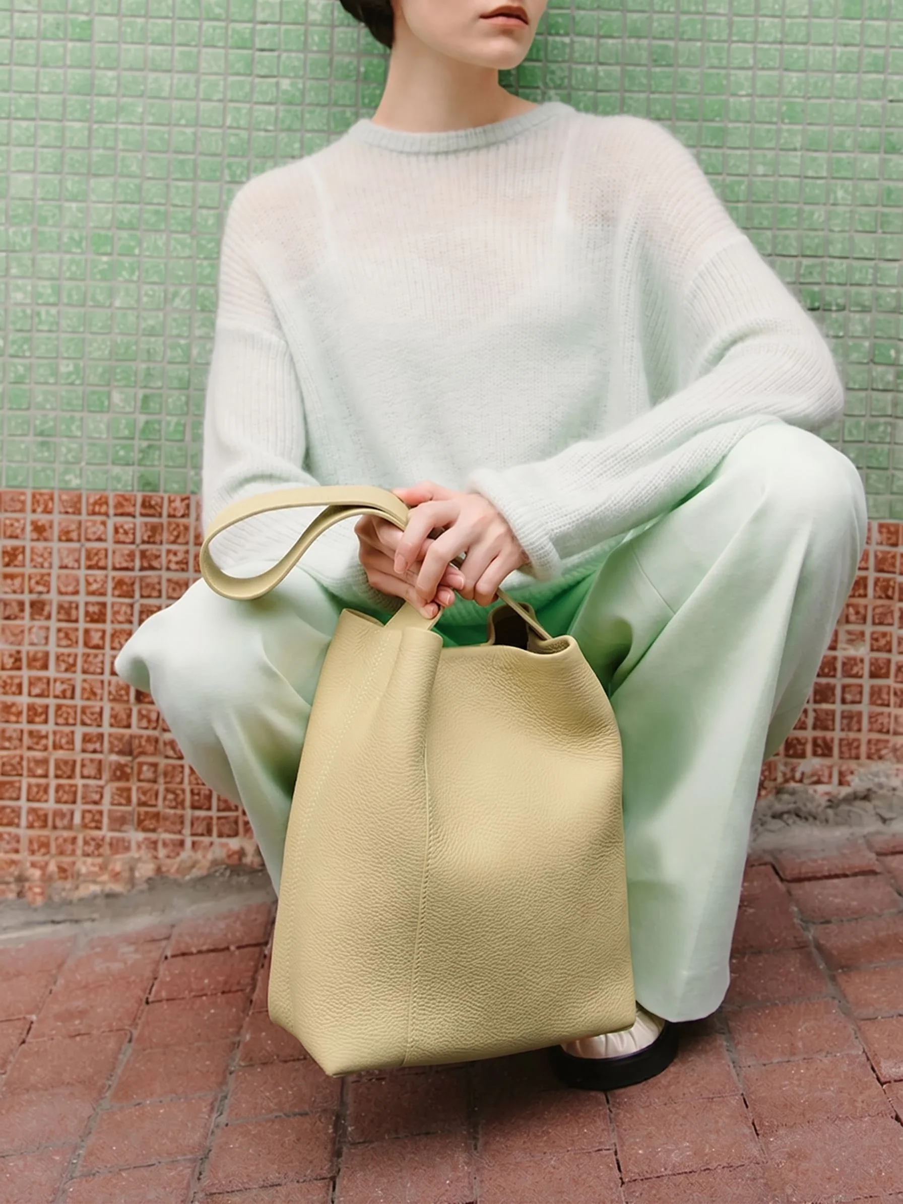 Pebbled Top-Grain Leather Bucket Tote - Image 6