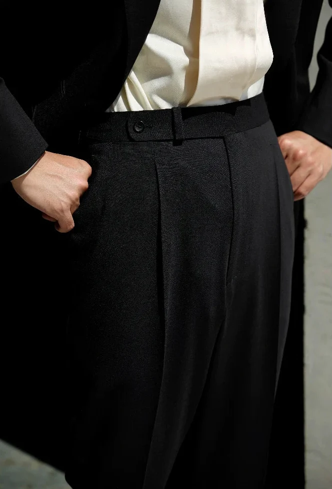 Phantom Black Merino Wool High-Waist Pleated Trousers - Image 5