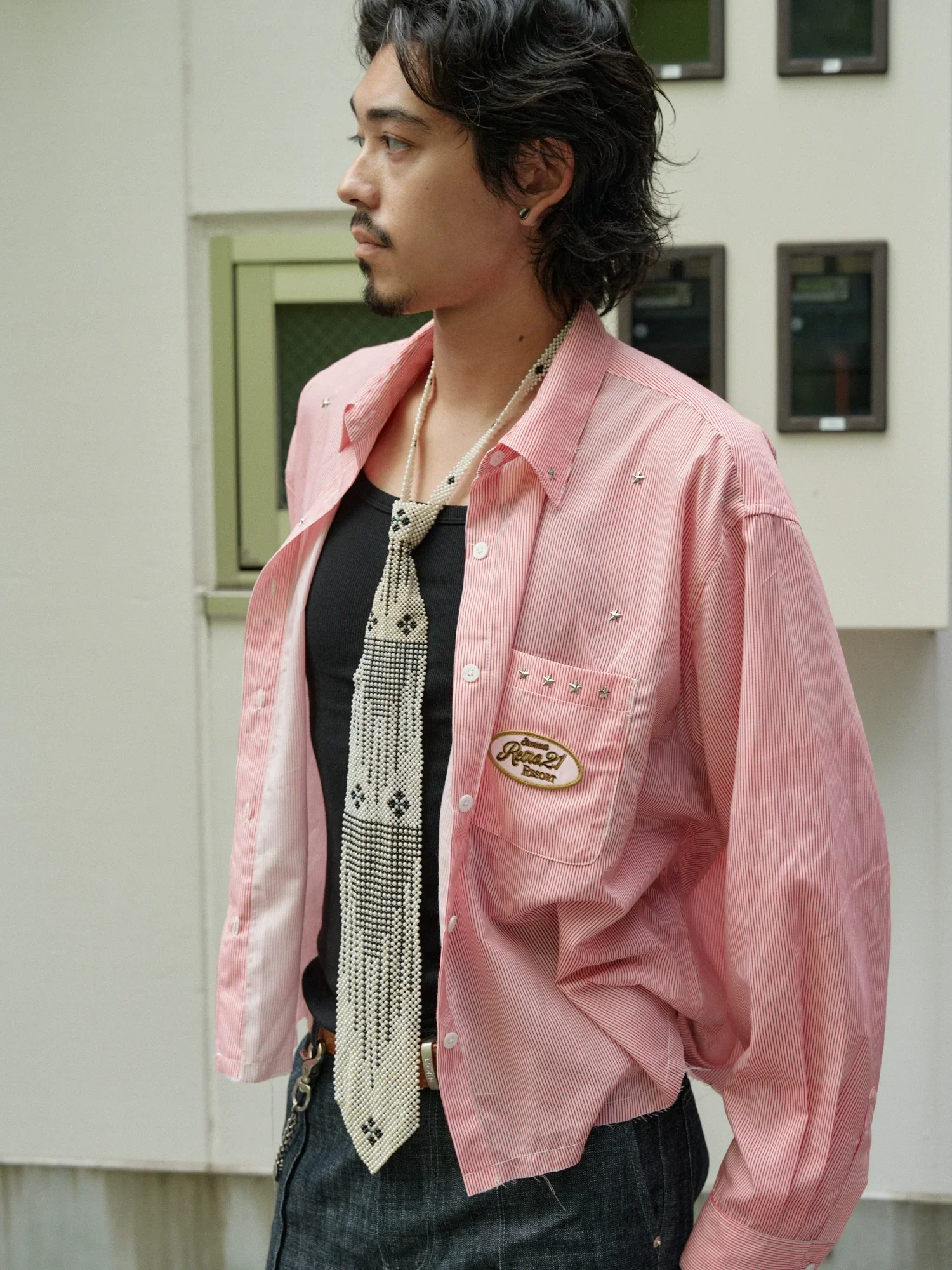 Pink Pinstripe Star-Stud Frayed-Hem Shirt
