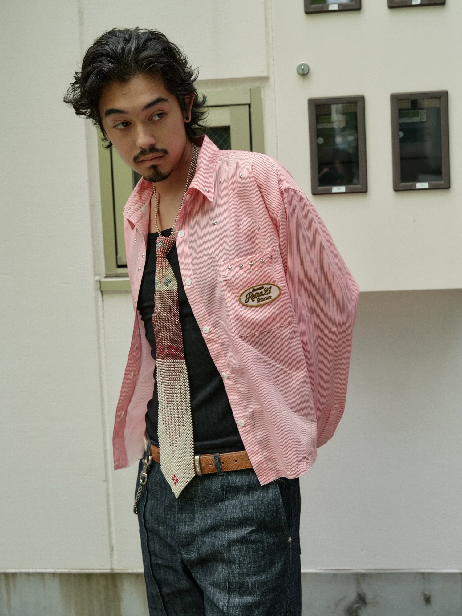 Pink Pinstripe Star-Stud Frayed-Hem Shirt - Image 2