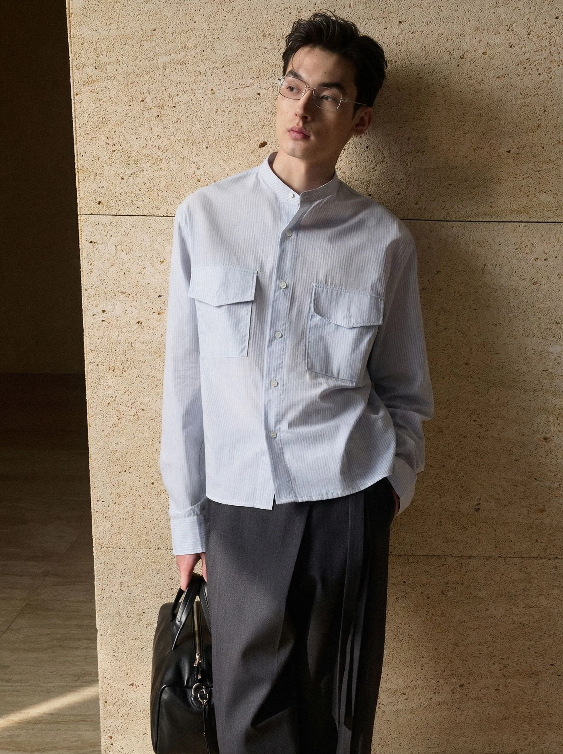 Pinstripe Band-Collar Shirt - Image 5