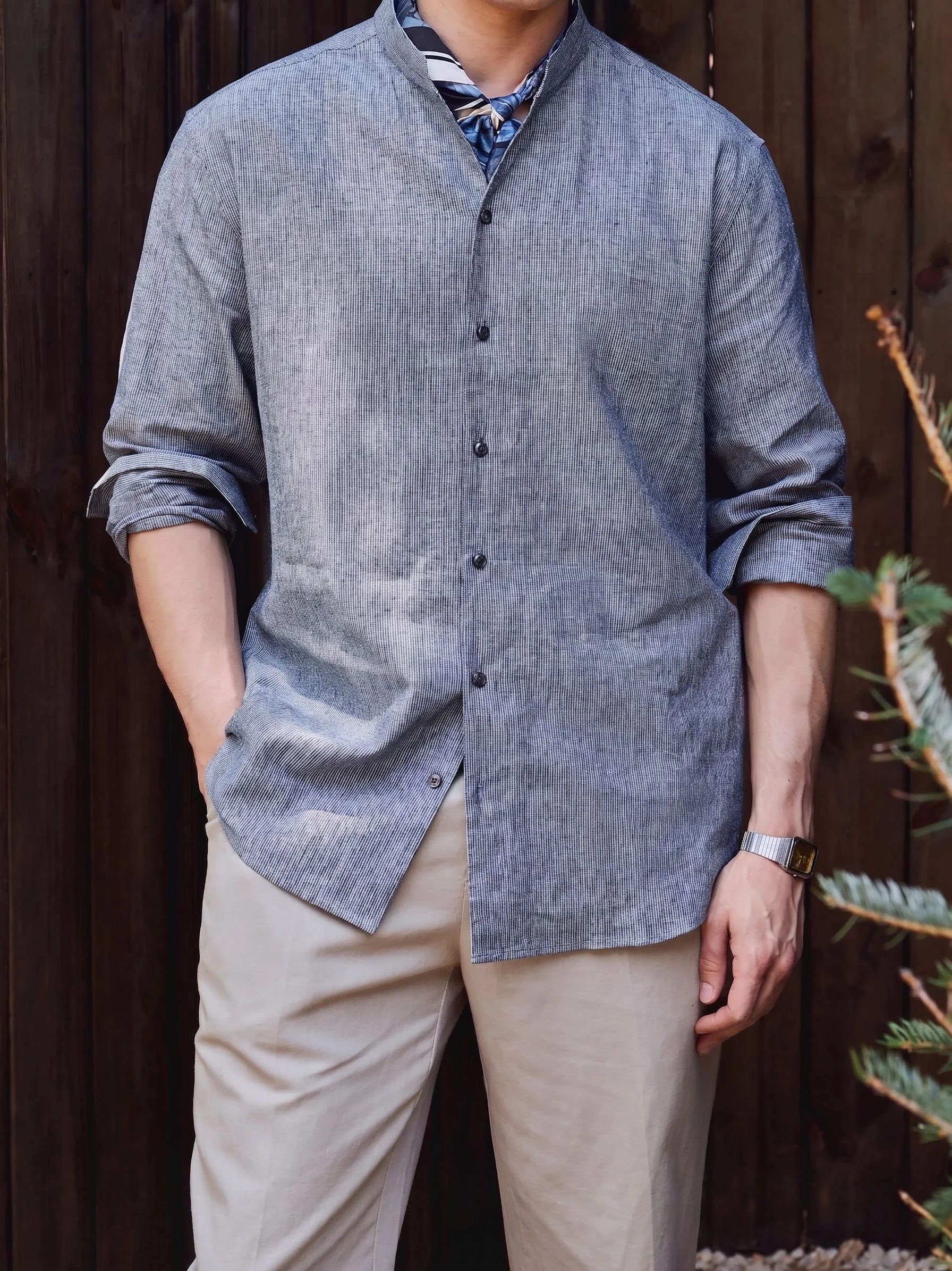 Pinstripe Band Collar Shirt