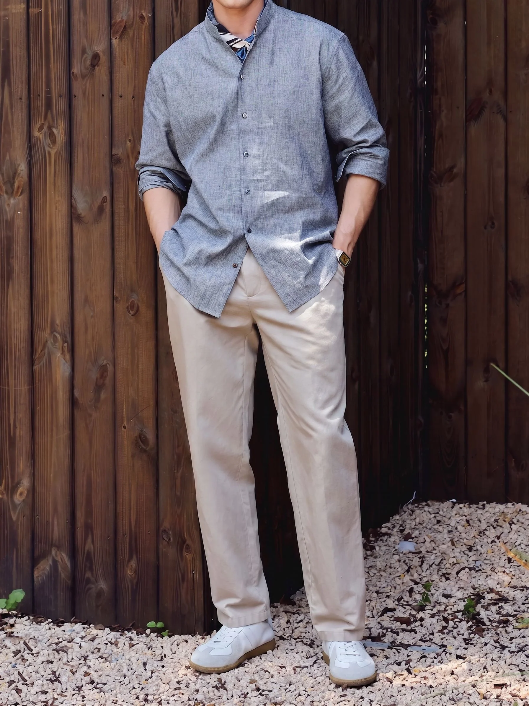 Pinstripe Band Collar Shirt - Image 2