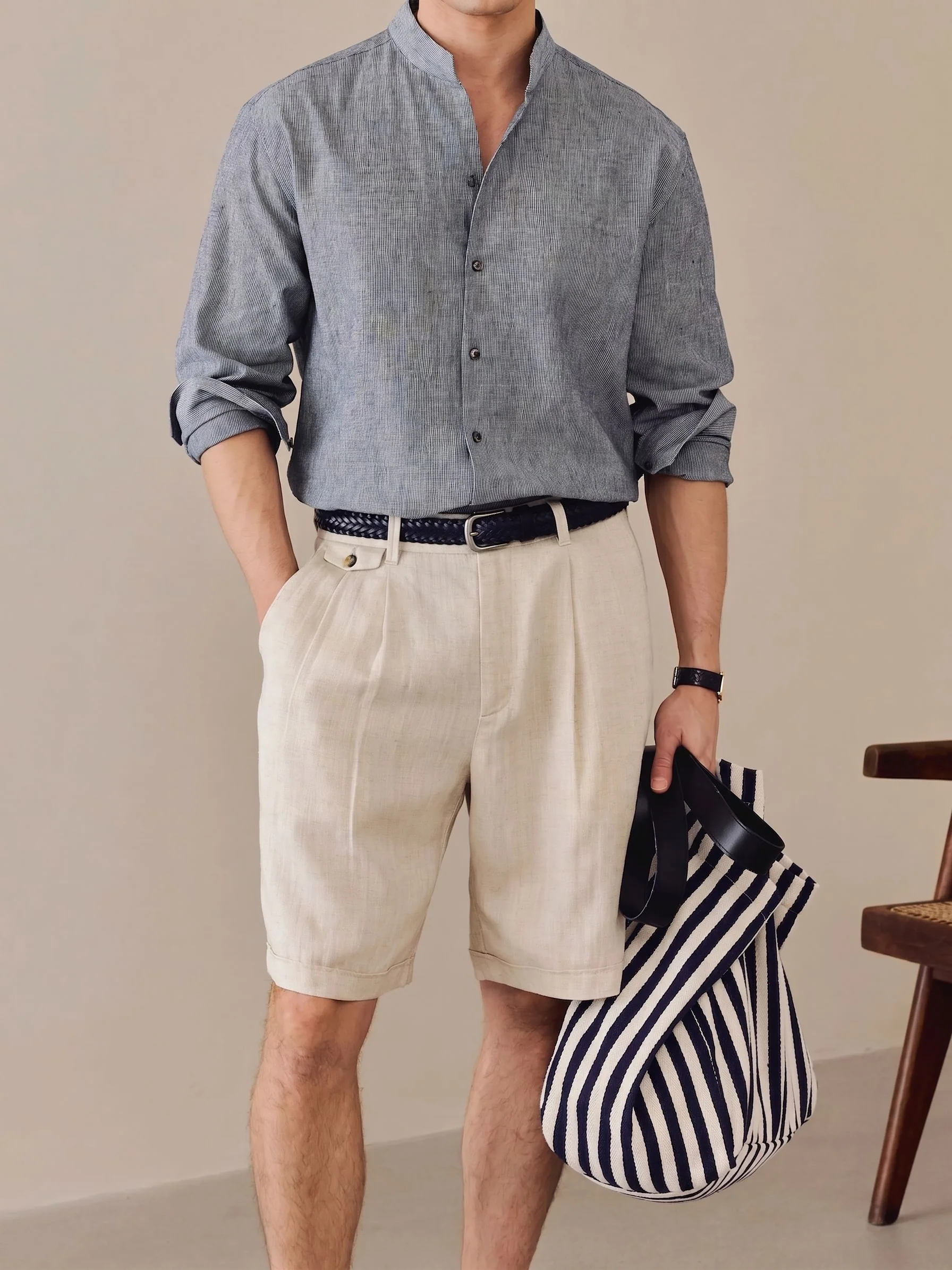 Pinstripe Band Collar Shirt - Image 3