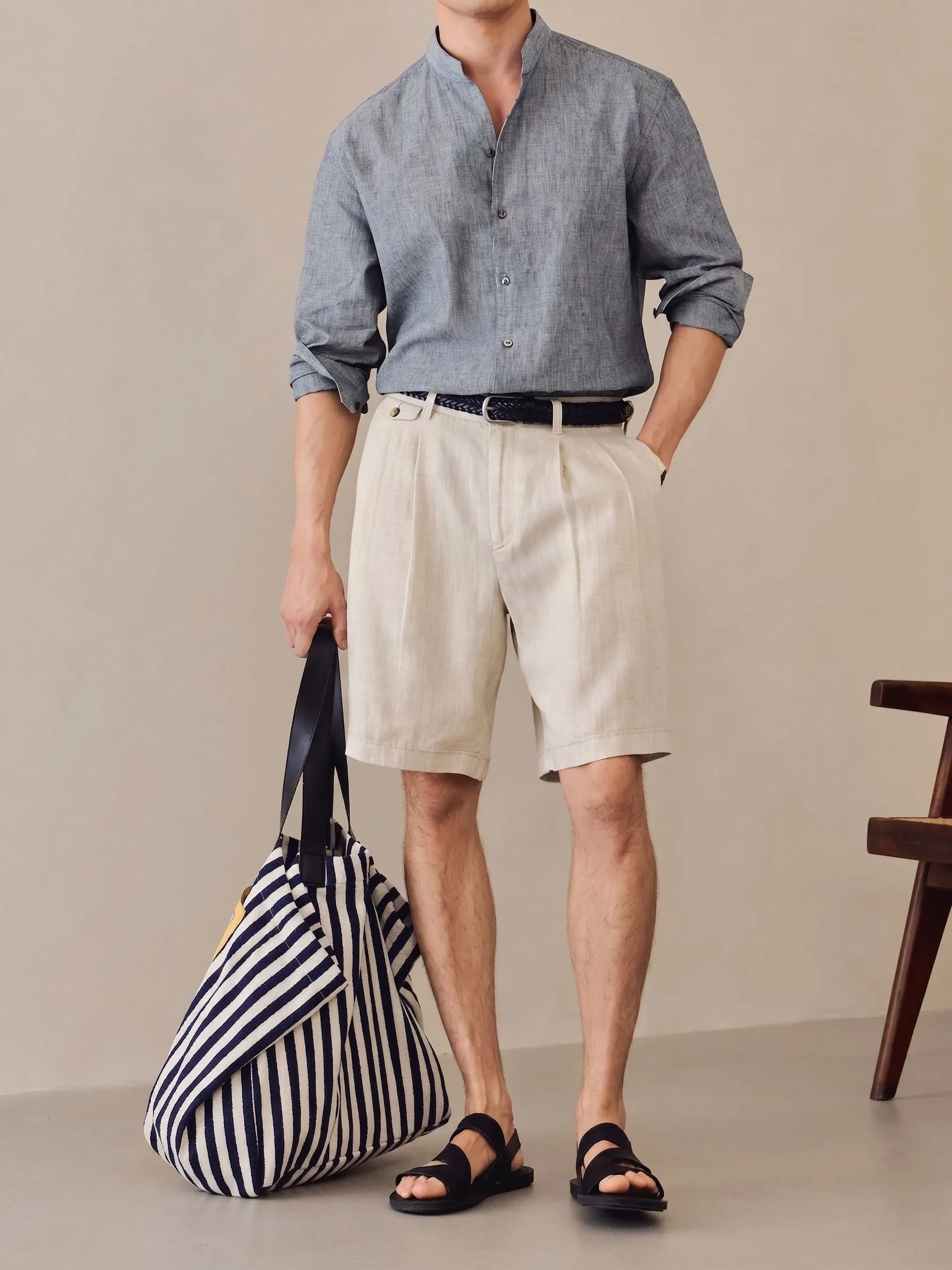 Pinstripe Band Collar Shirt - Image 4