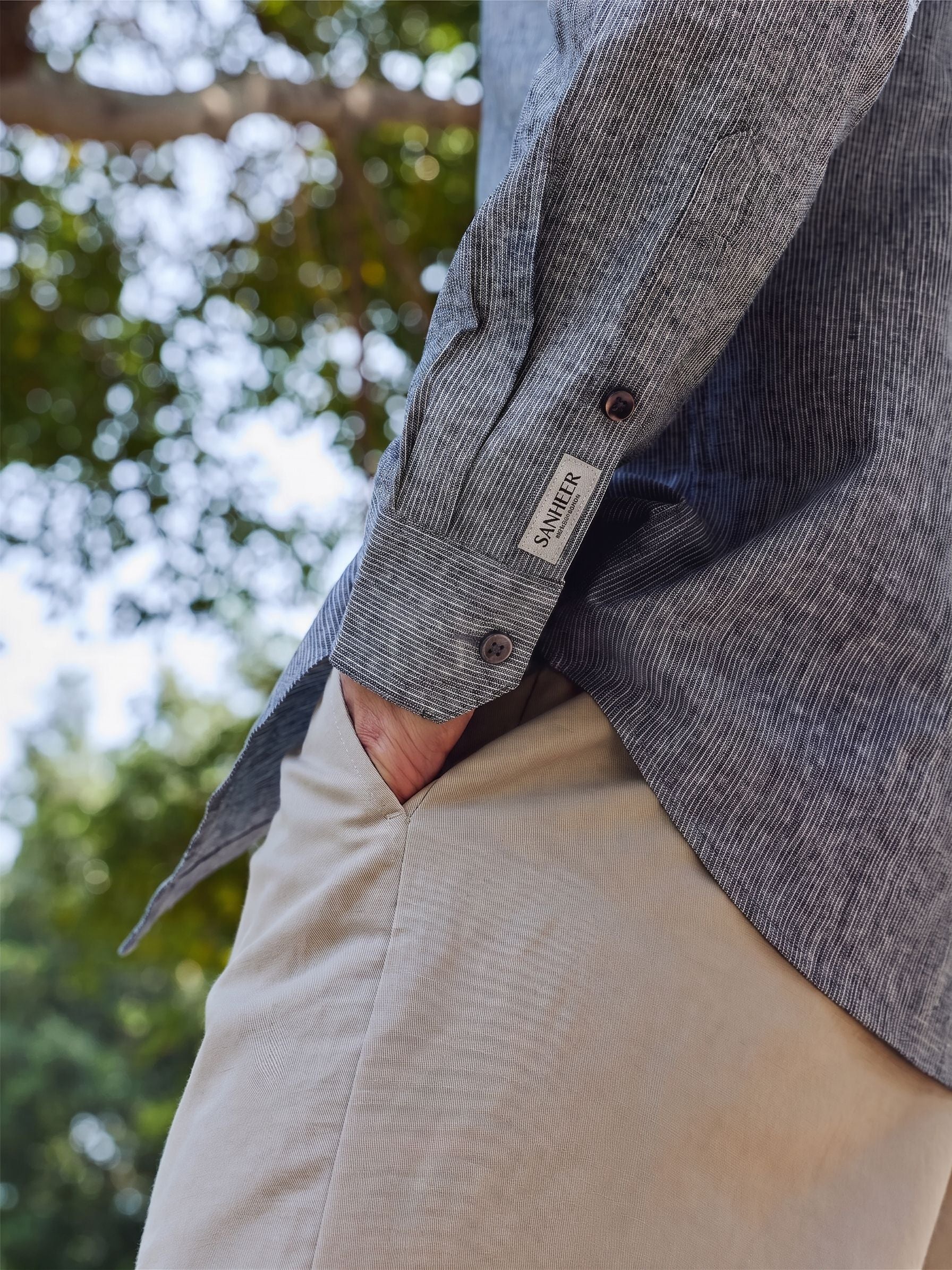 Pinstripe Band Collar Shirt - Image 5