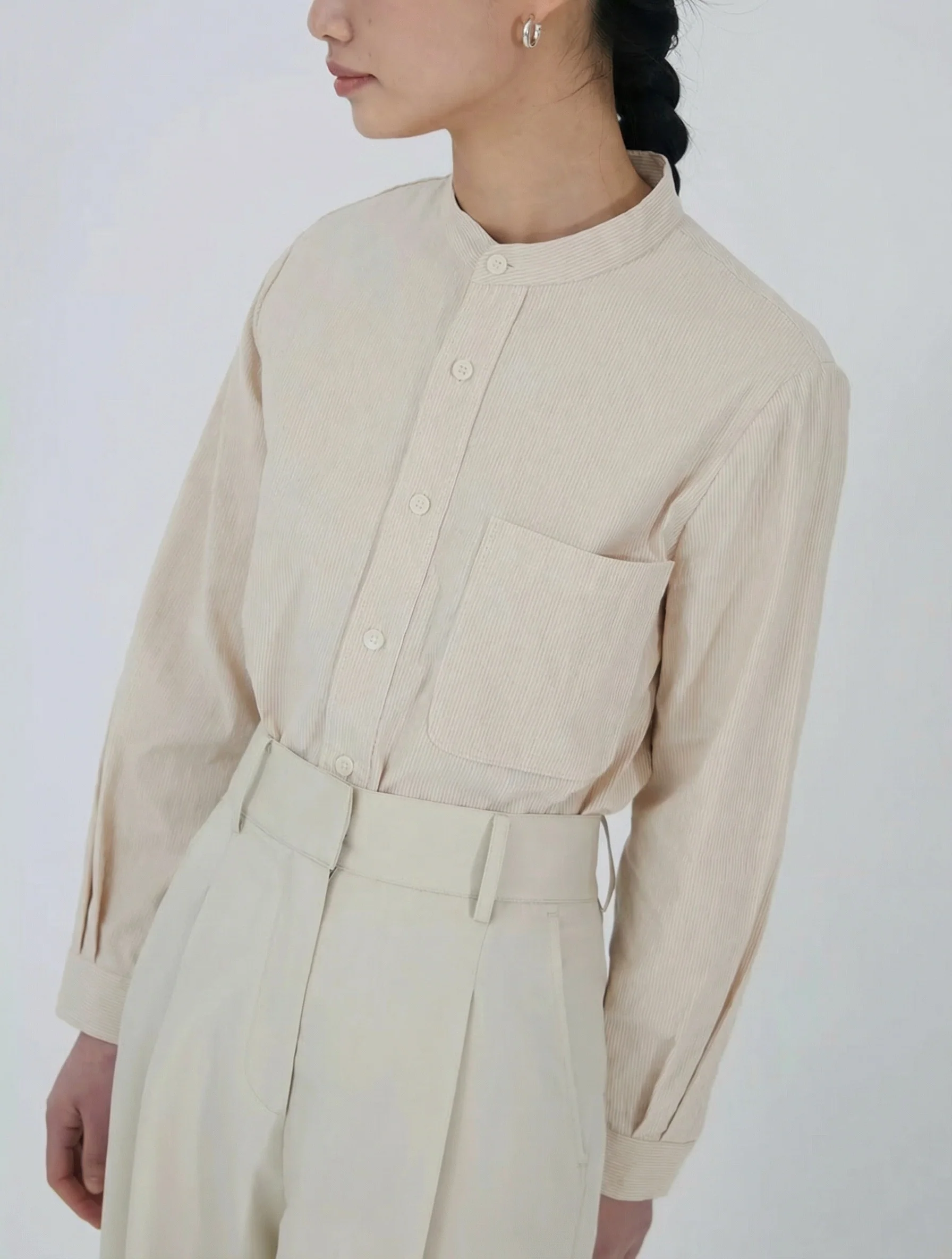 Pinstripe Band Collar Shirt - Image 2