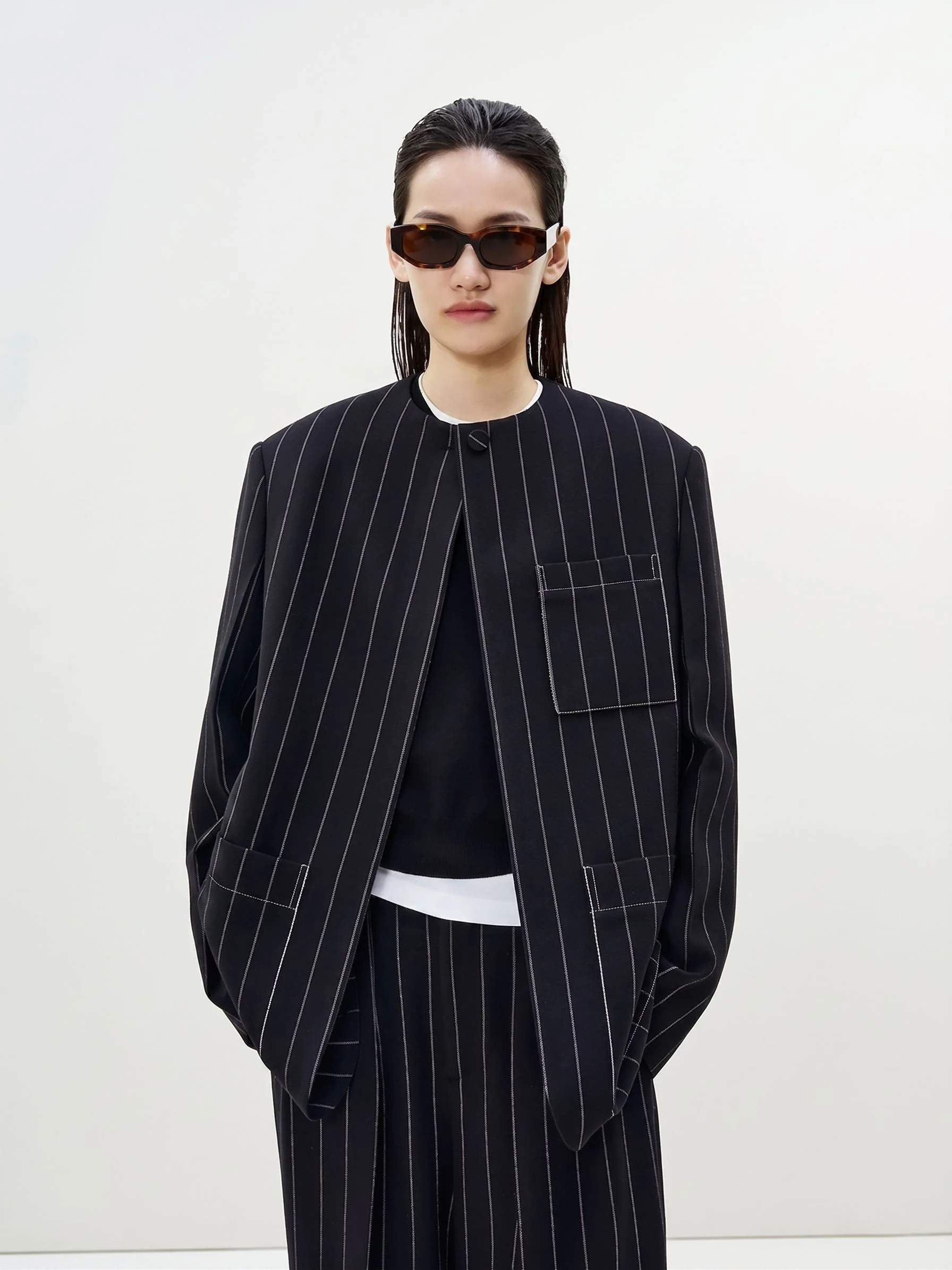 Pinstripe Collarless Jacket