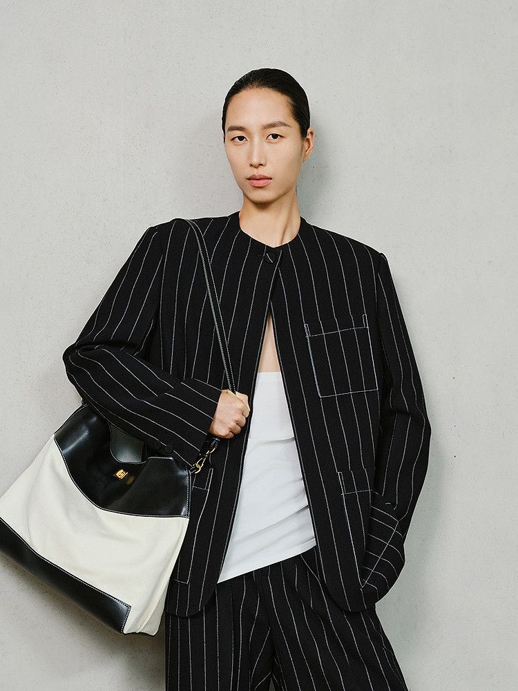 Pinstripe Collarless Jacket - Image 2