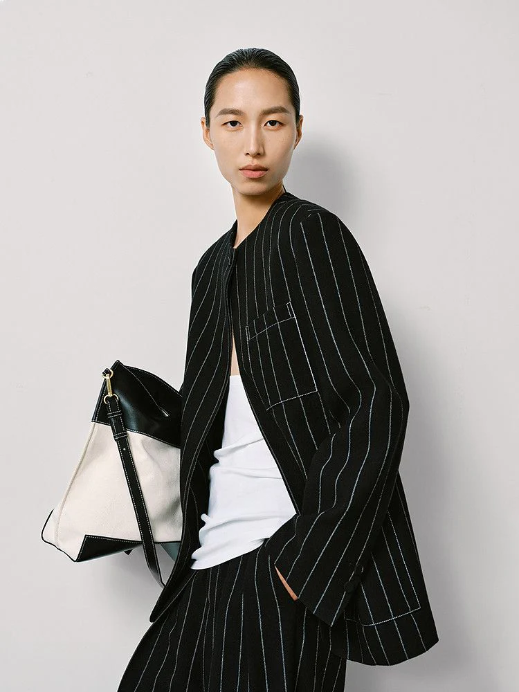 Pinstripe Collarless Jacket - Image 3