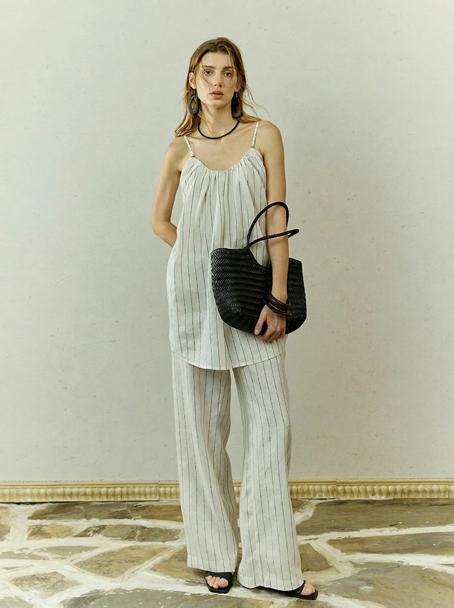 Pinstripe Linen Cami & Wide-Leg Pant Set - Image 2