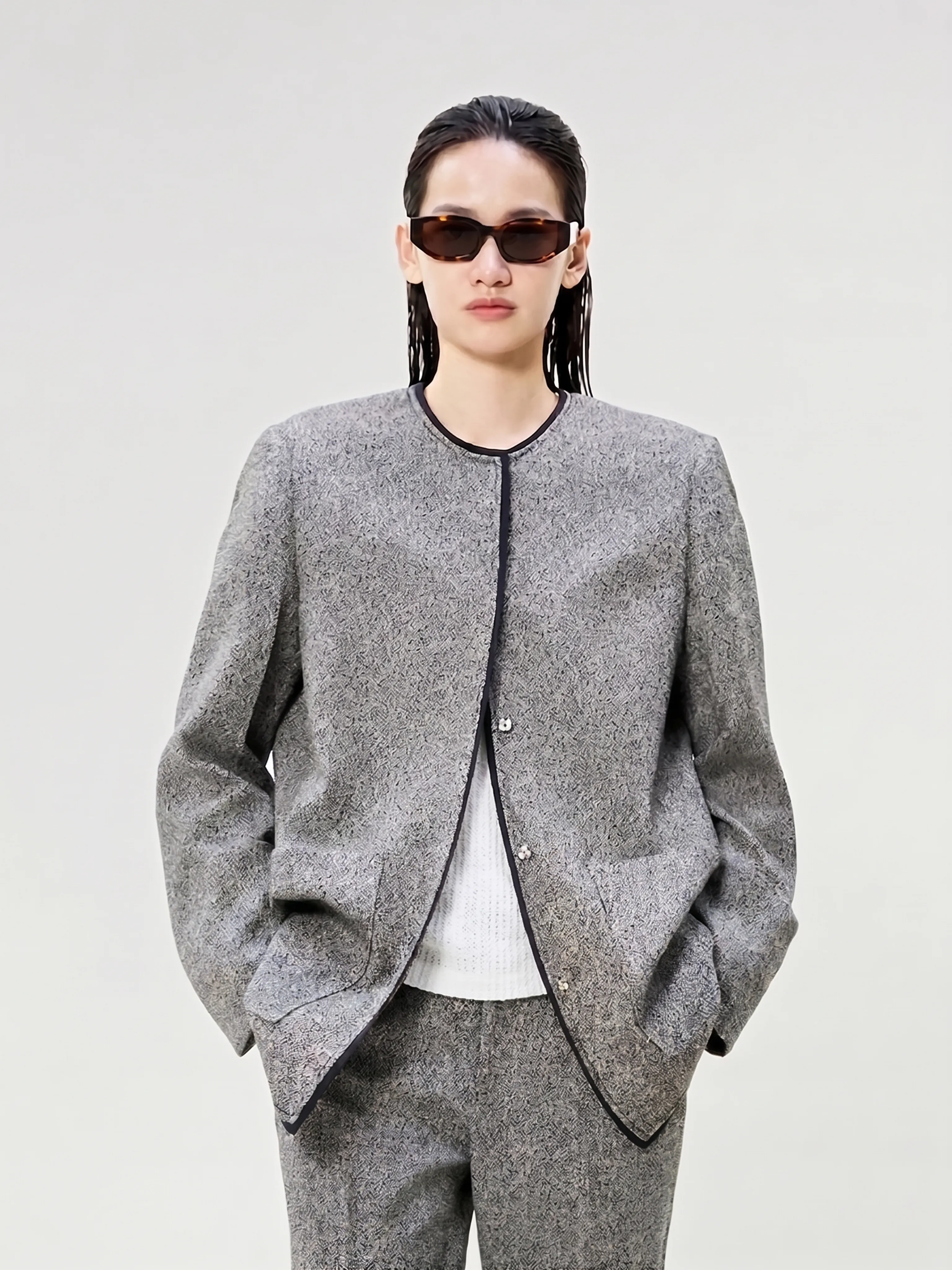 Piped Collarless Jacket
