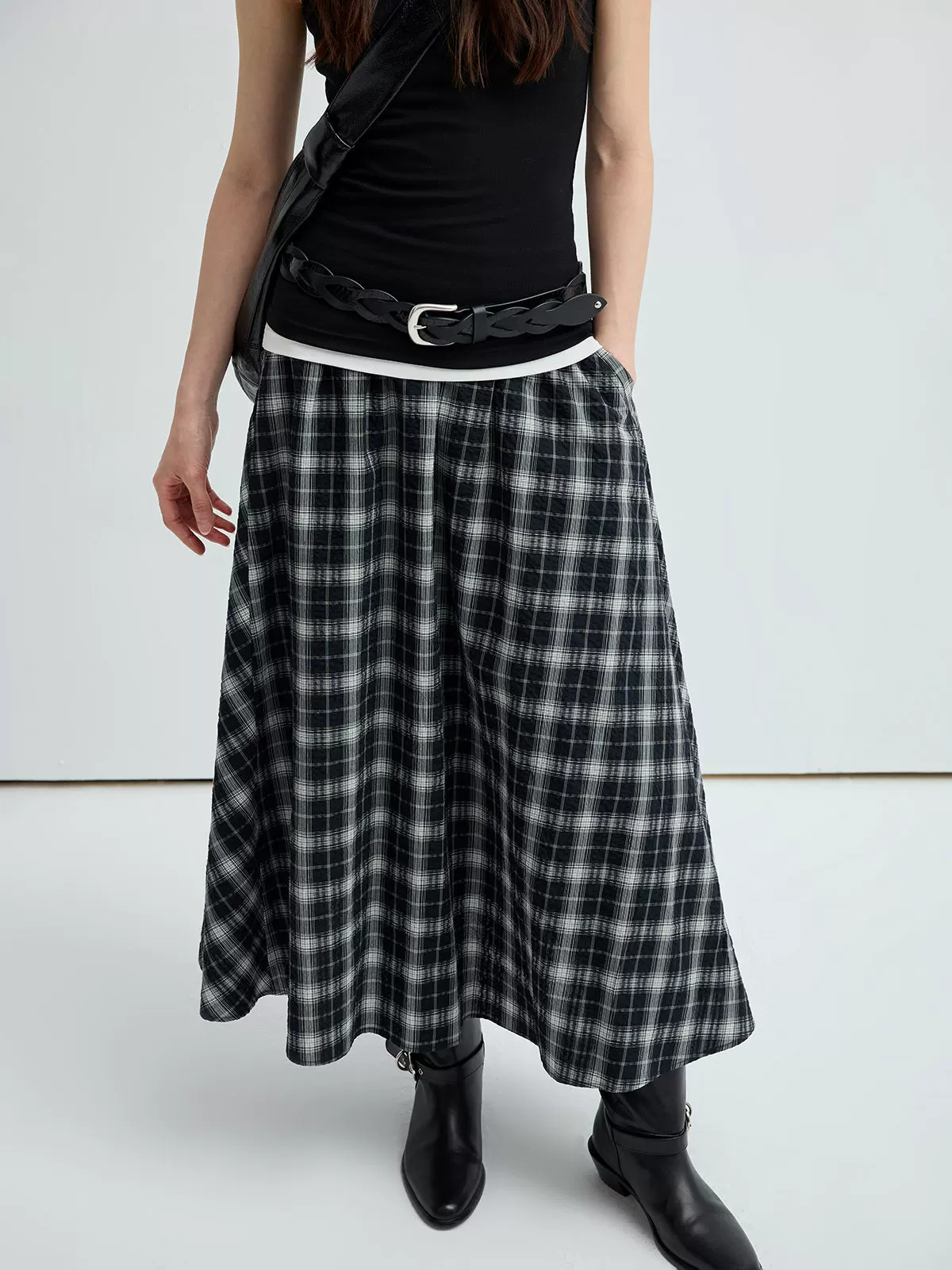 Plaid Cotton Midi Skirt