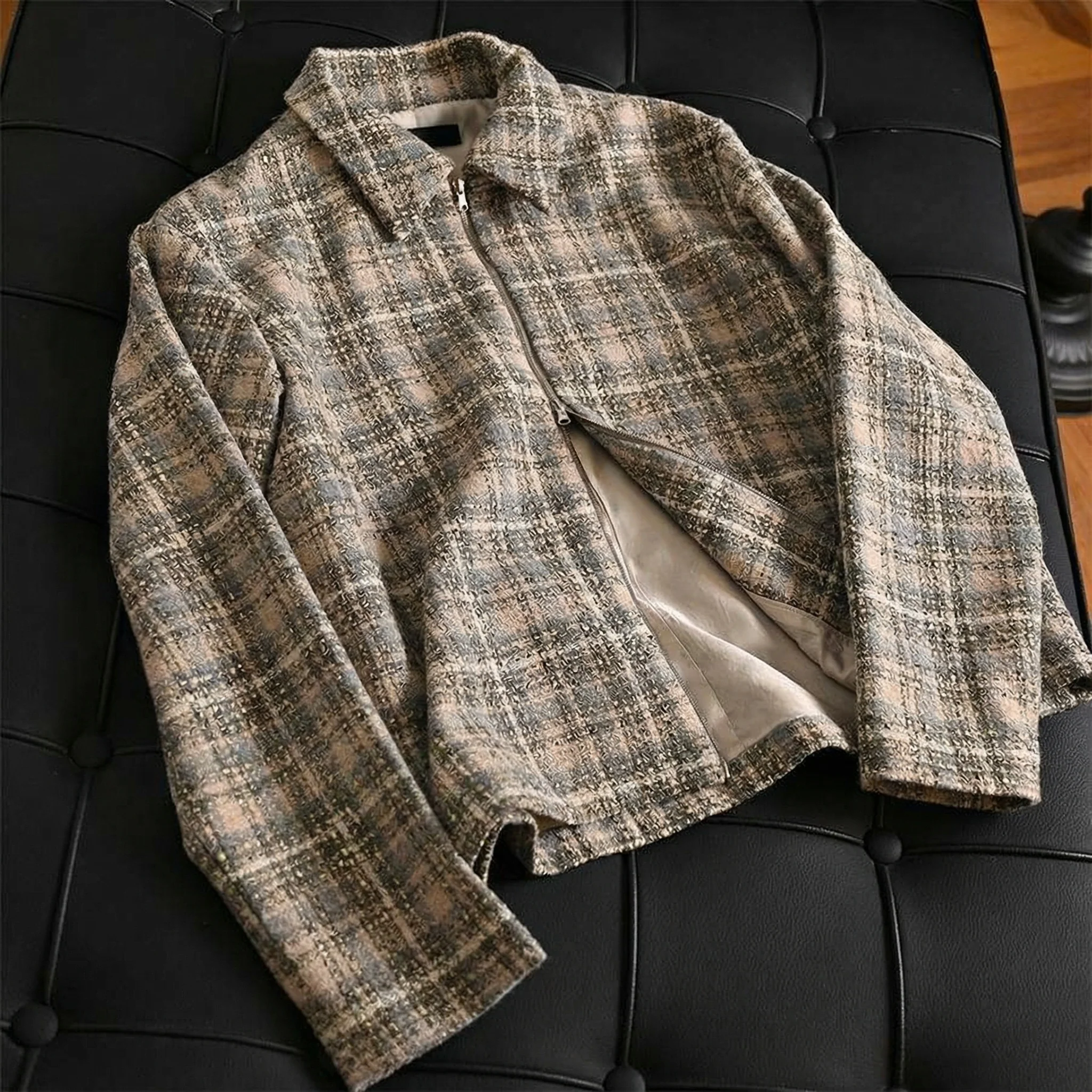 Plaid Tweed Short Zipper Jacket - Image 4