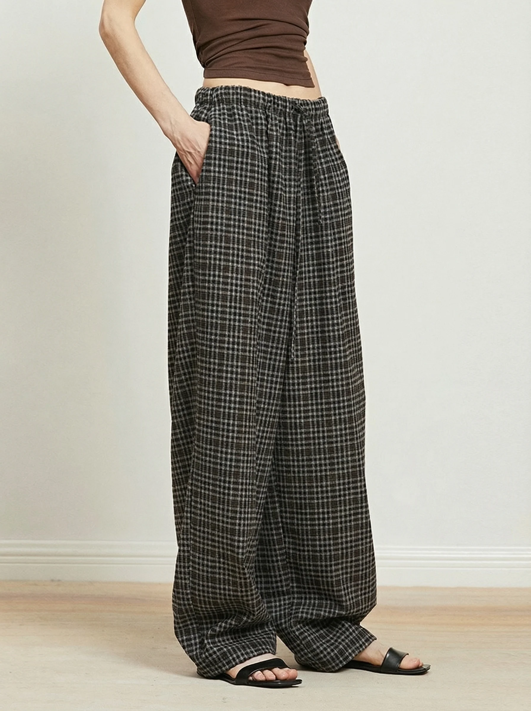 Plaid Wool-Blend Wide-Leg Pants