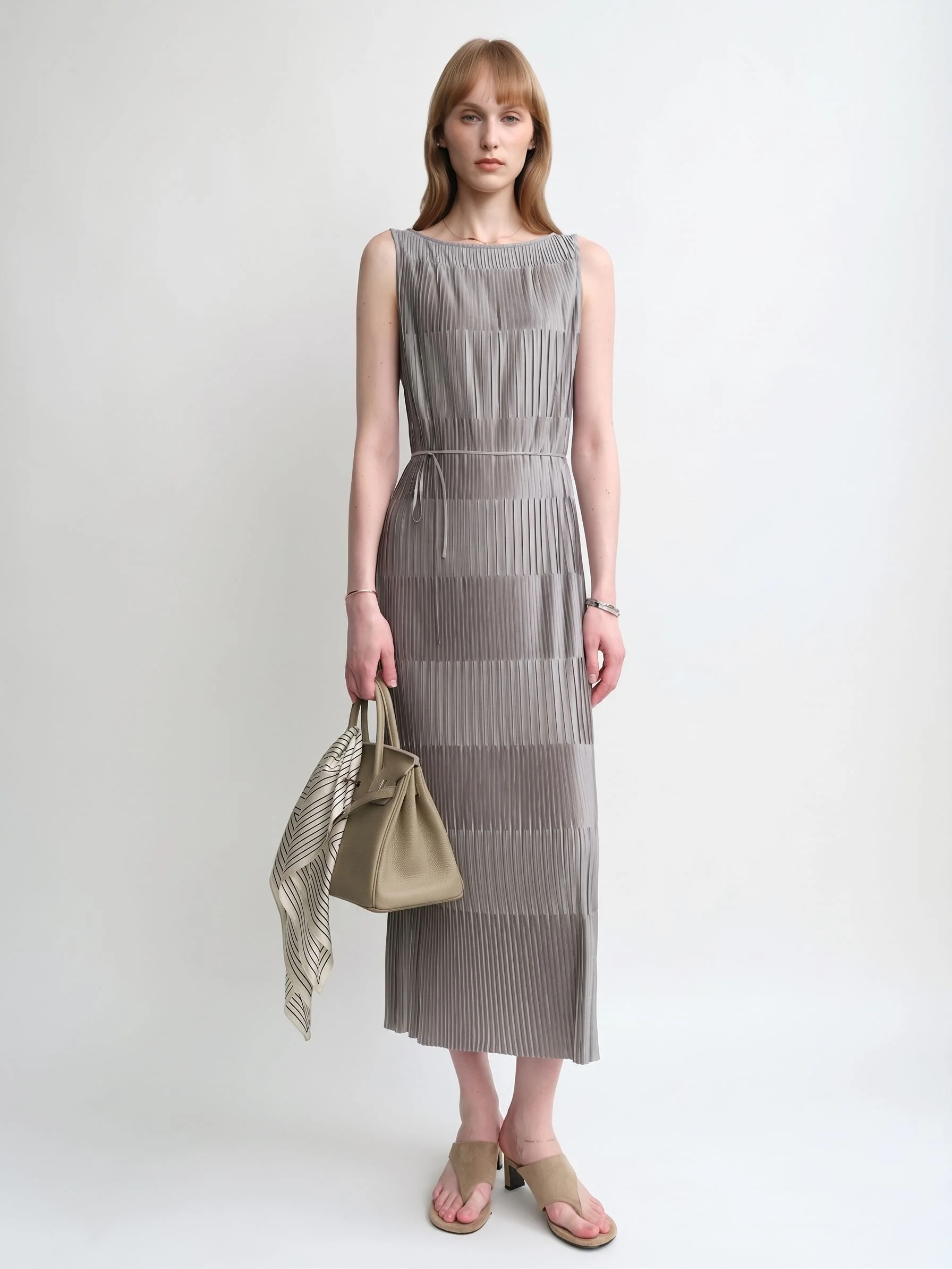 Pleated Belted Midi Dress