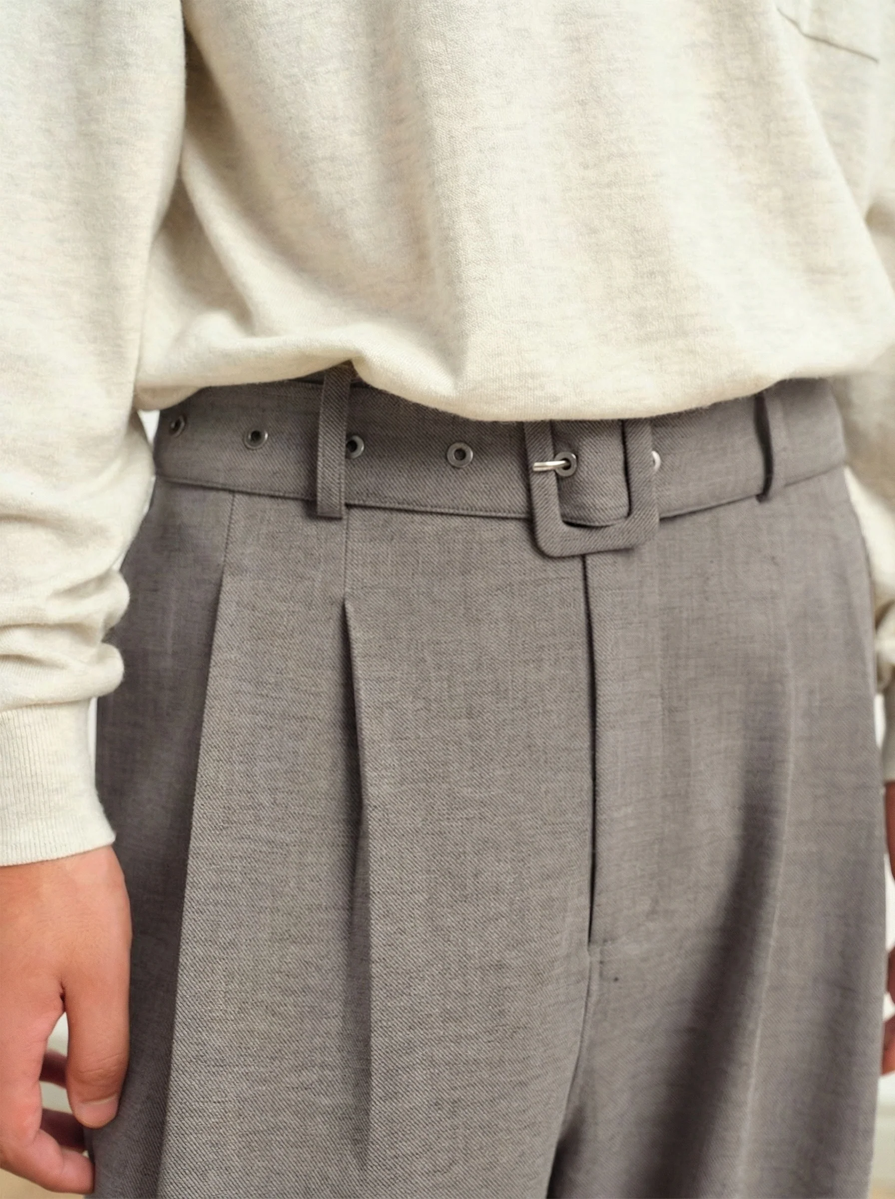 Pleated Belted Wool-Blend Trousers