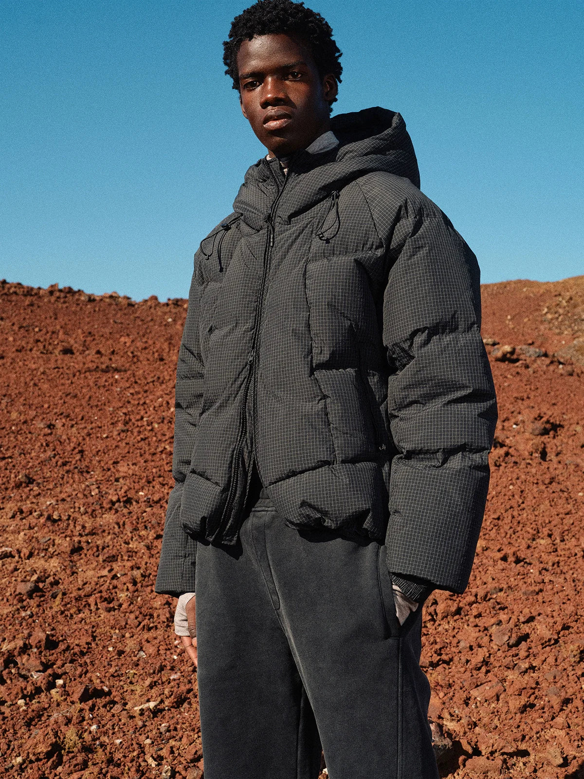 Pleated Check Hooded Puffer Jacket