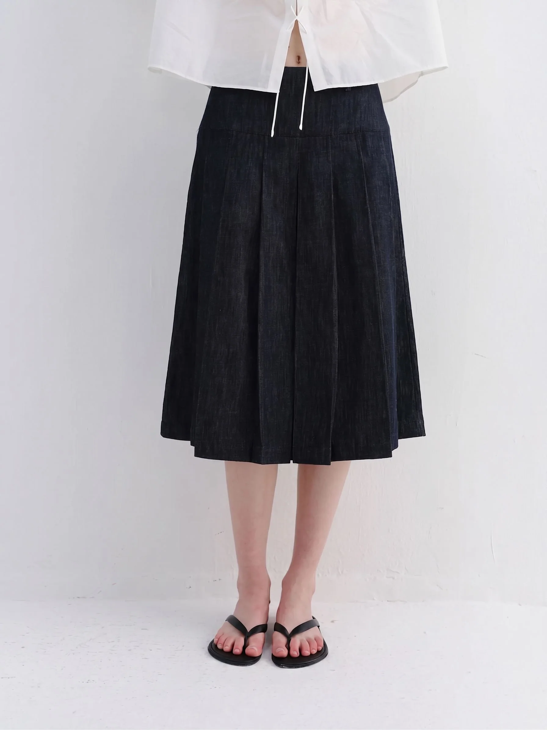 Pleated Denim Midi Skirt