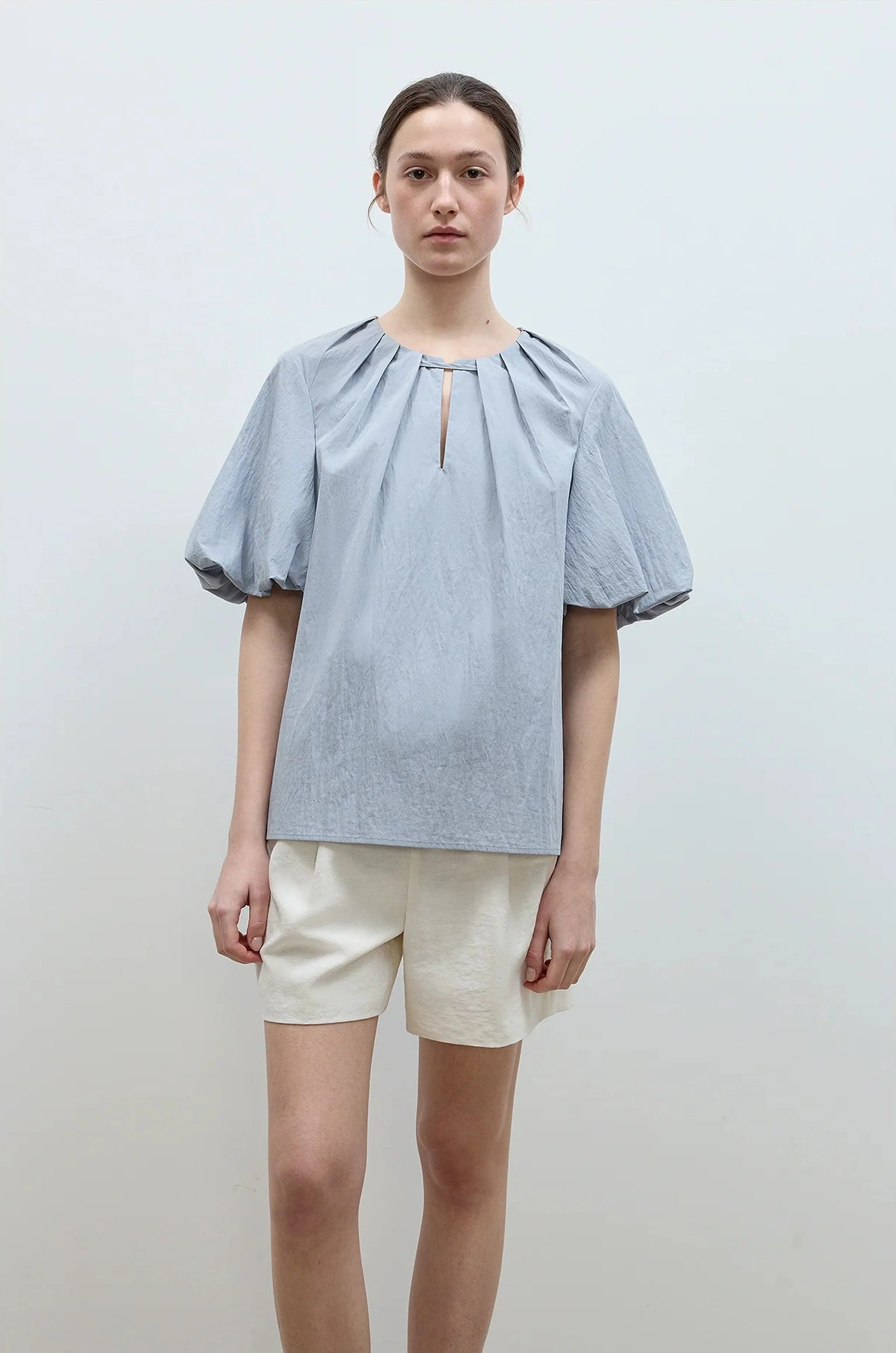 Pleated Tie-Neck Puff Blouse