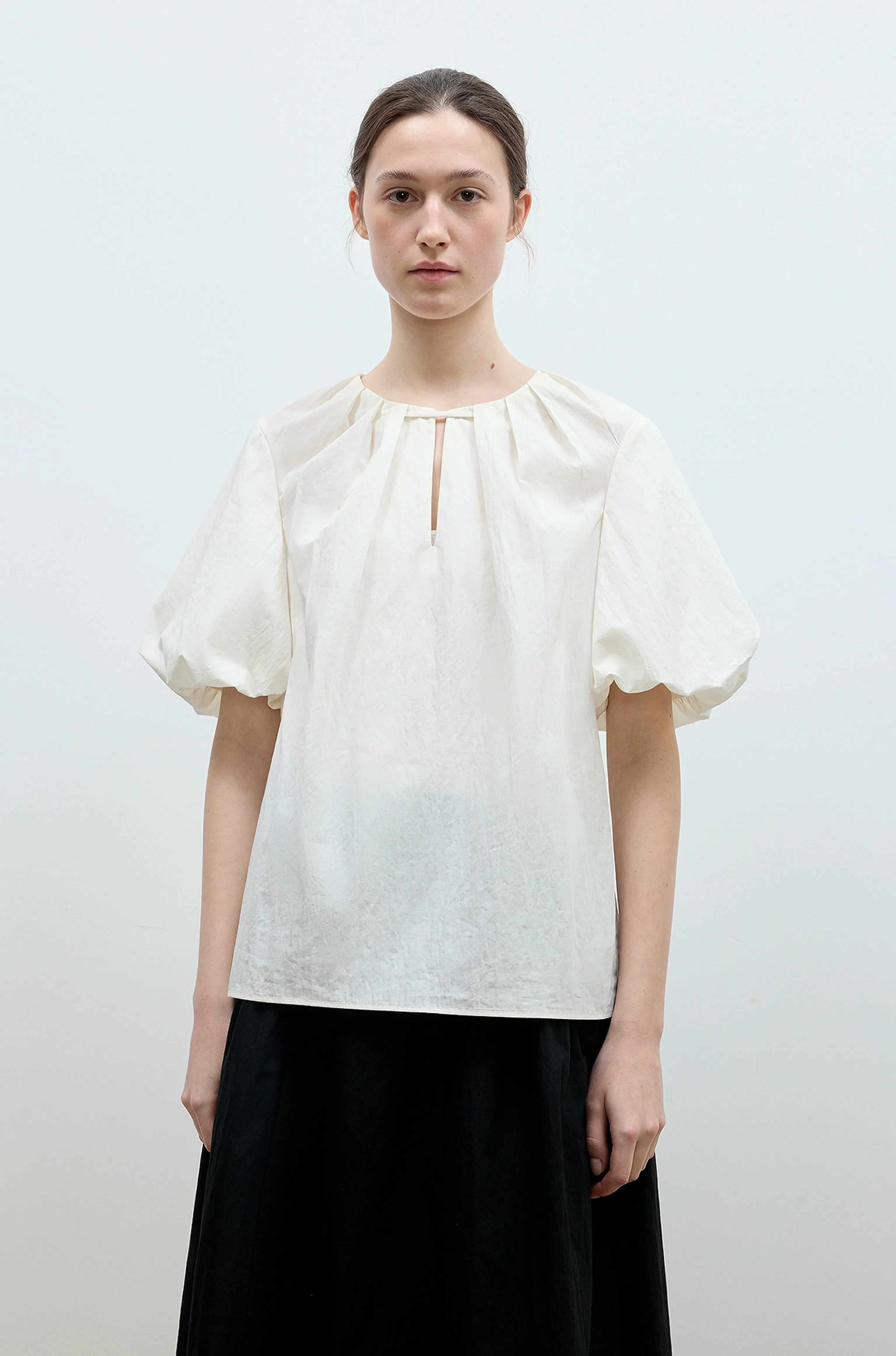 Pleated Tie-Neck Puff Blouse - Image 2