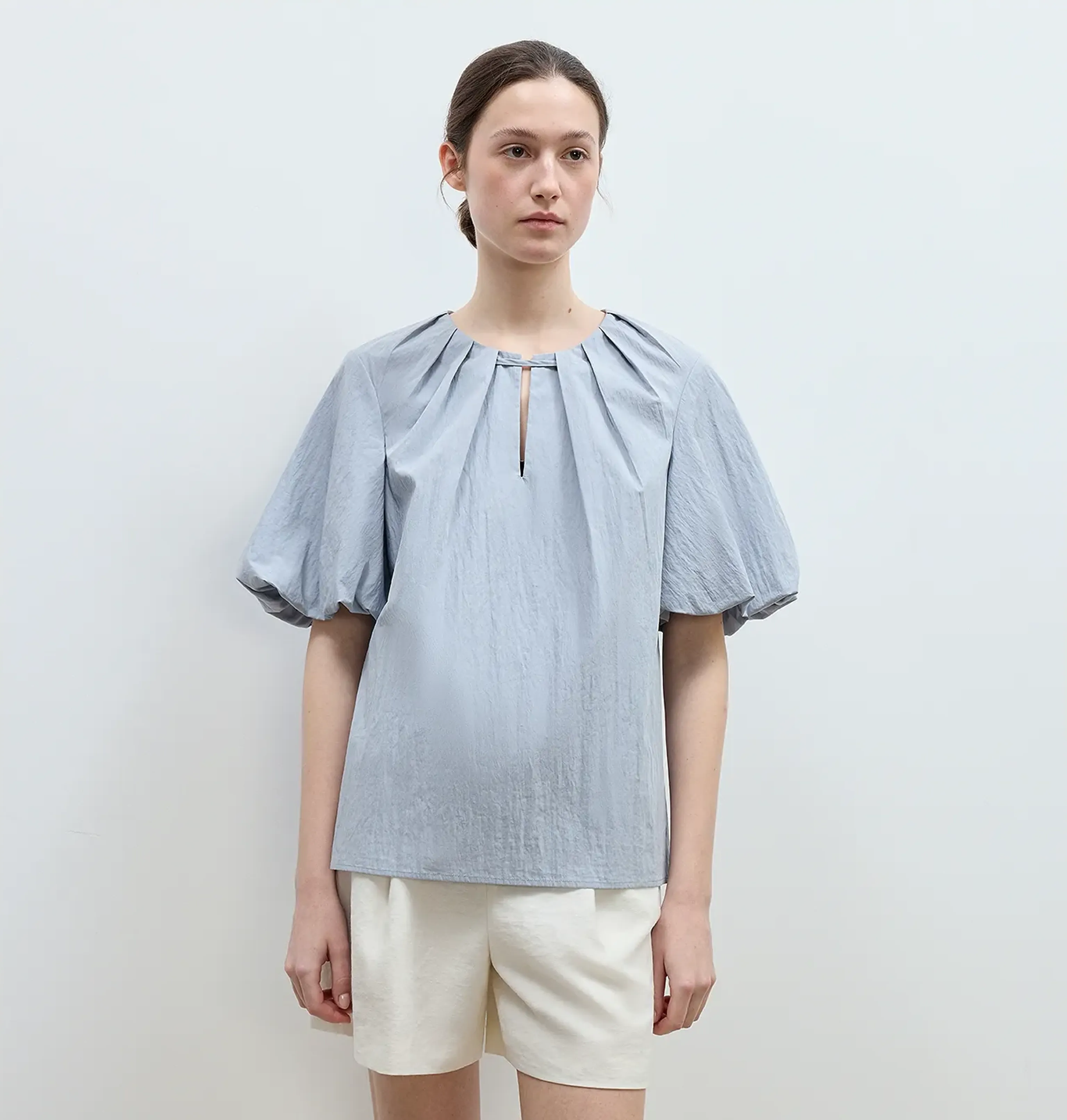 Pleated Tie-Neck Puff Blouse - Image 7