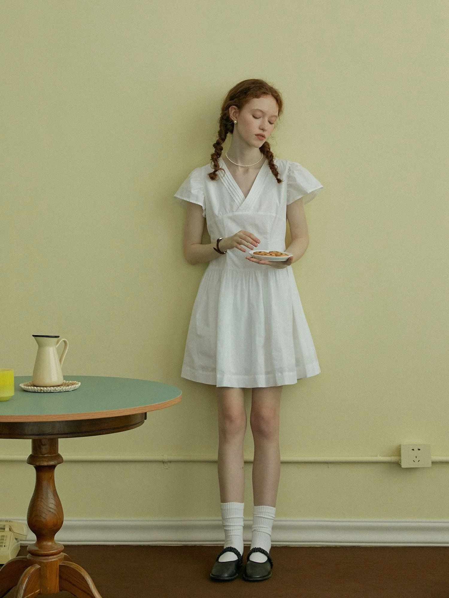 Pleated V-Neck Dress