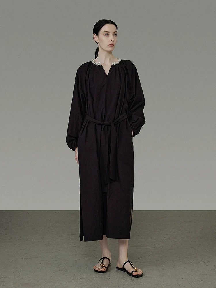 Pleated V-Neck Long-Sleeve Maxi Dress - Image 2