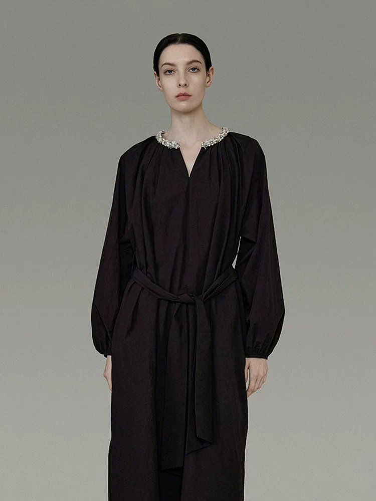 Pleated V-Neck Long-Sleeve Maxi Dress - Image 3