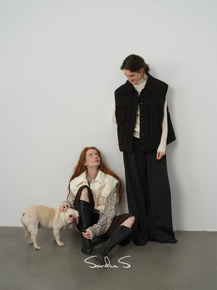 Point-Collar Textured Down Vest