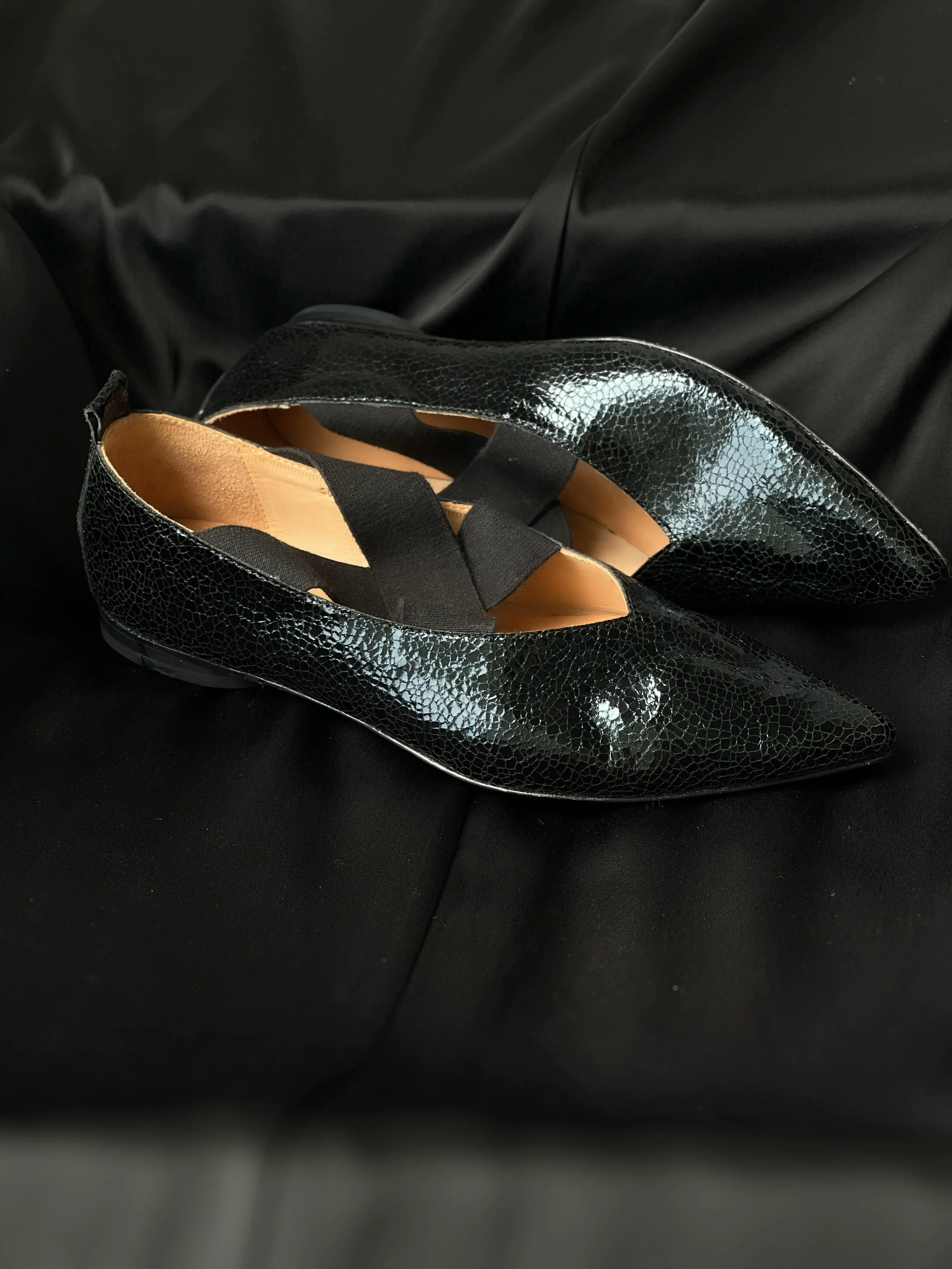 Pointed-Toe Crackled Mary Jane Flats