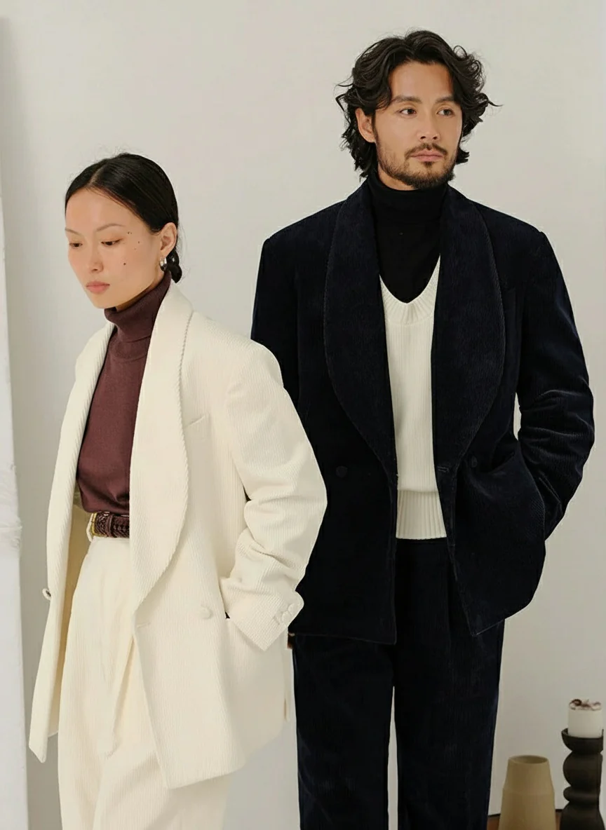 Pure Cotton Corduroy Double-Breasted Shawl-Collar Suit