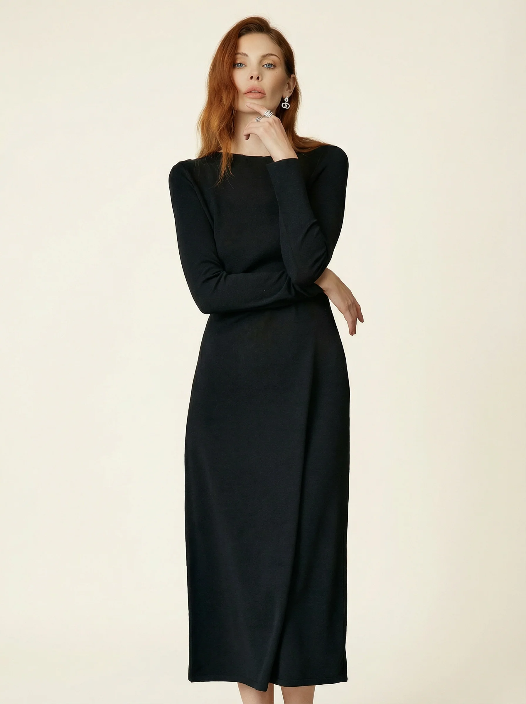 Pure Wool Round-Neck Slim Midi Dress - Image 3