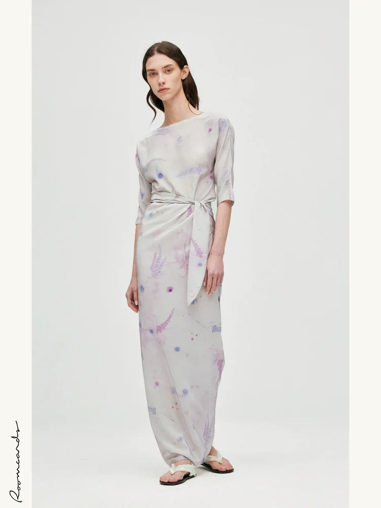 Purple Botanical Silk Wrap Dress - Image 3