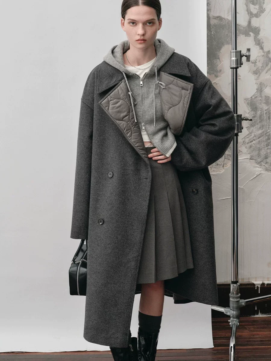 Quilted-Lapel Double-Breasted Wool Coat