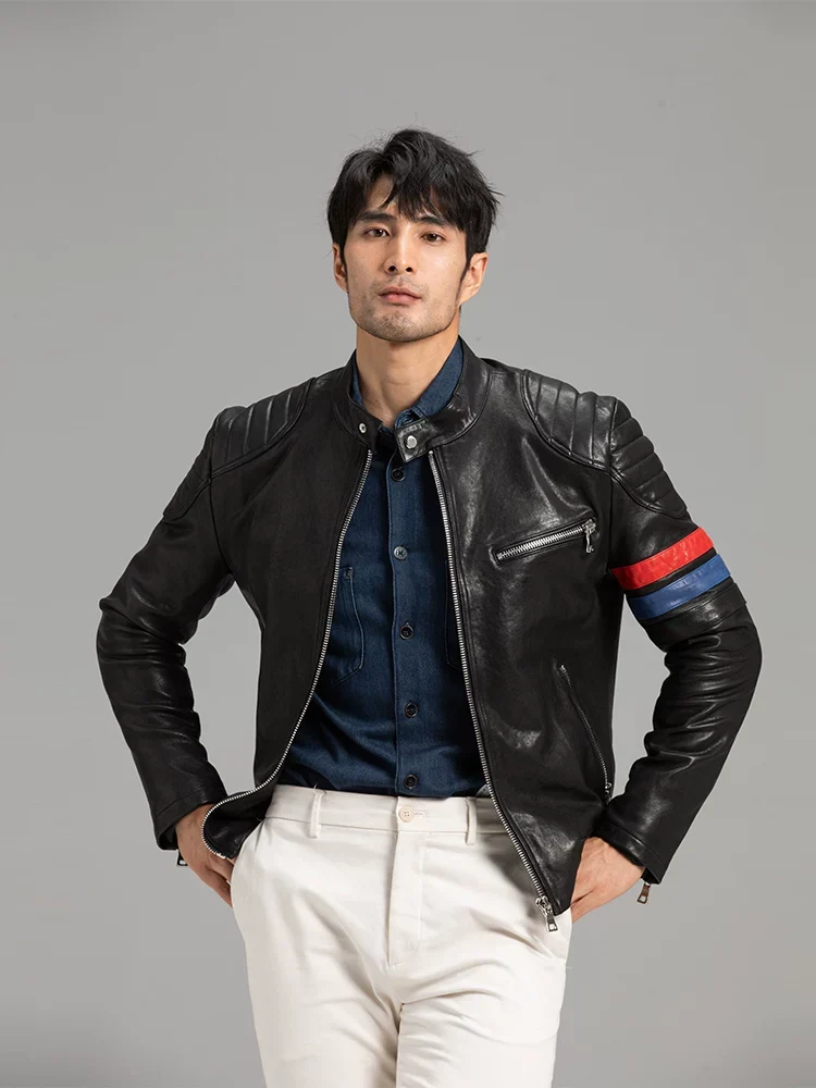 Racer Stripe Sheepskin Moto Jacket