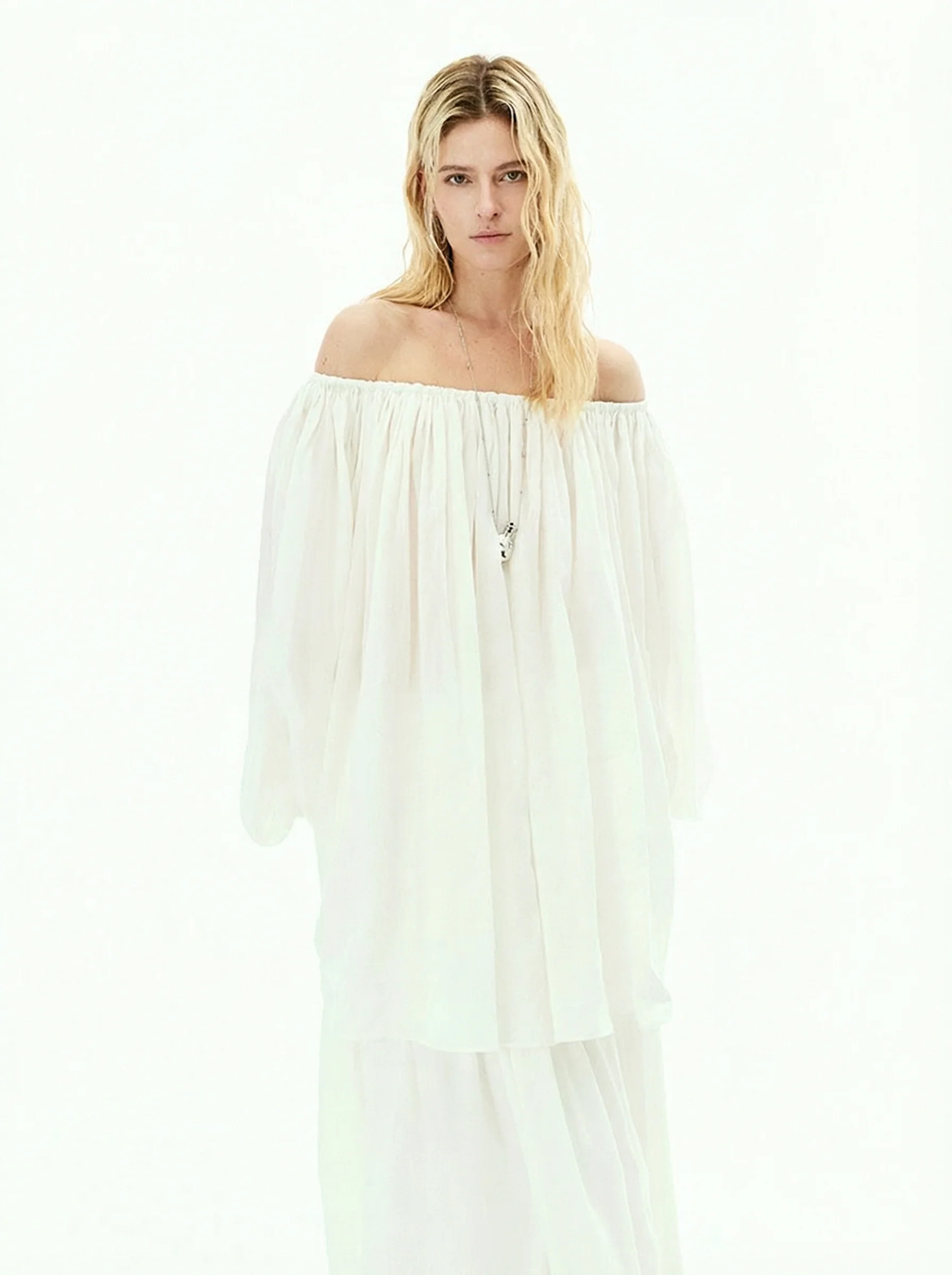 Ramie Off-Shoulder Blouse & Maxi Skirt Set