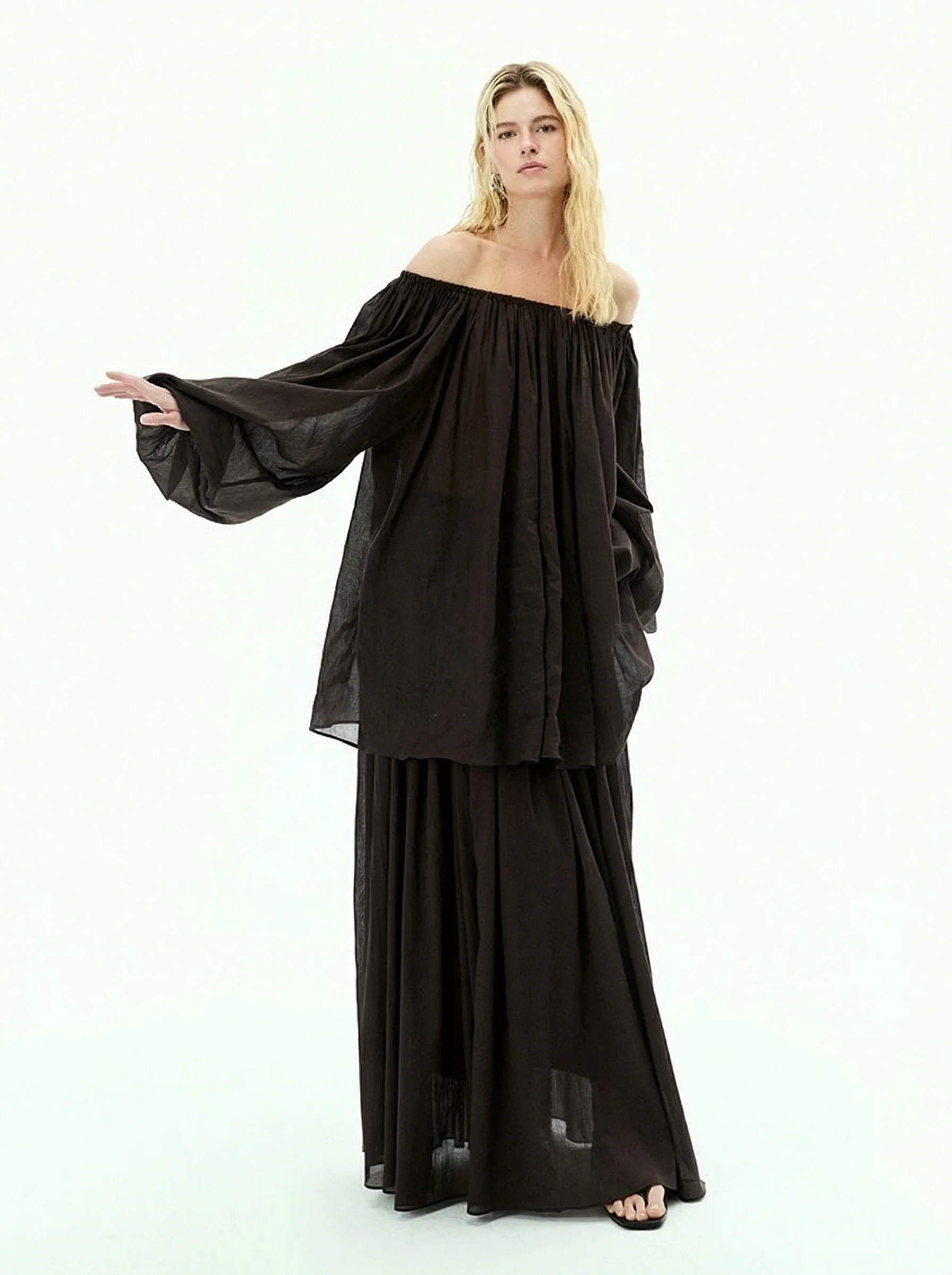 Ramie Off-Shoulder Blouse & Maxi Skirt Set - Image 2