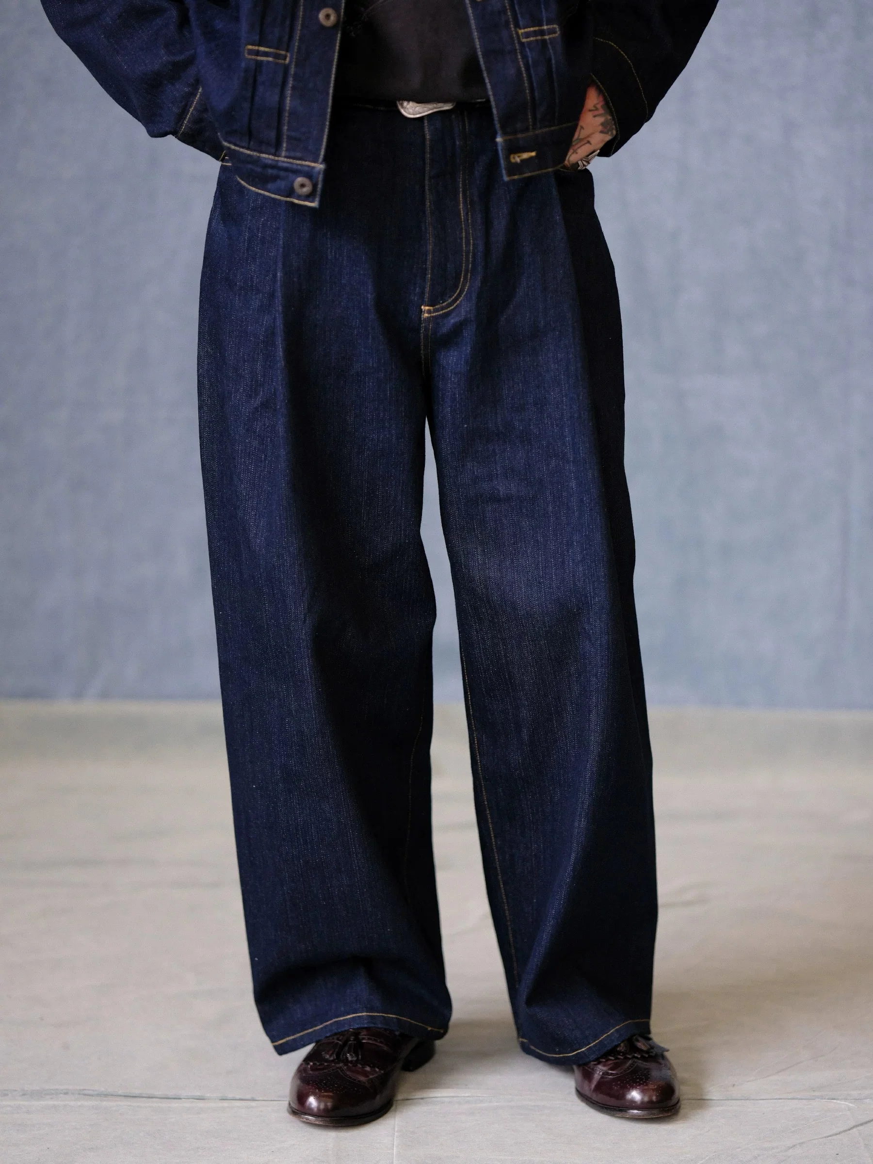 Raw Indigo Cinch-Back Wide-Leg Jeans