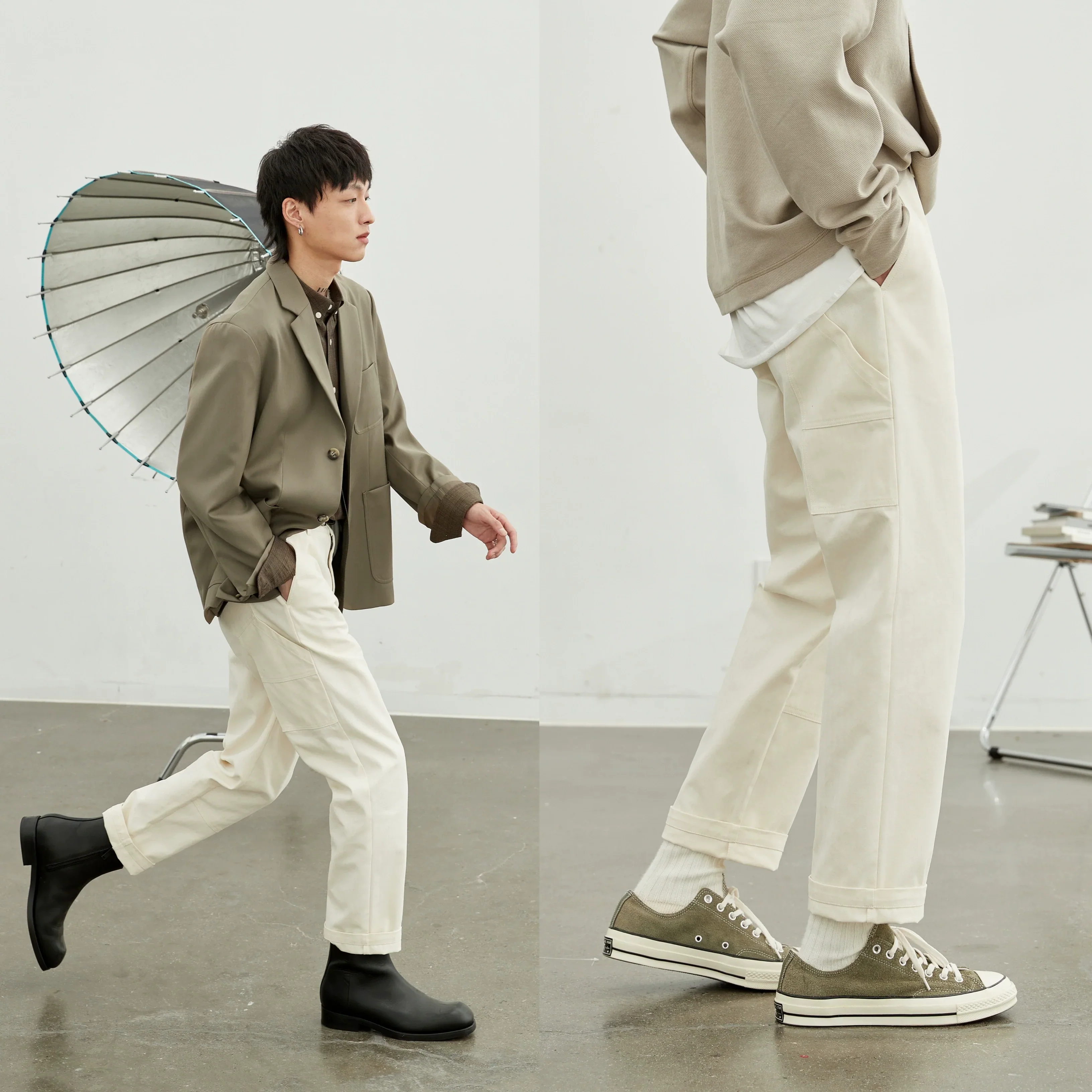 Retro Herringbone Elastic Waist Cargo Pants - Image 2