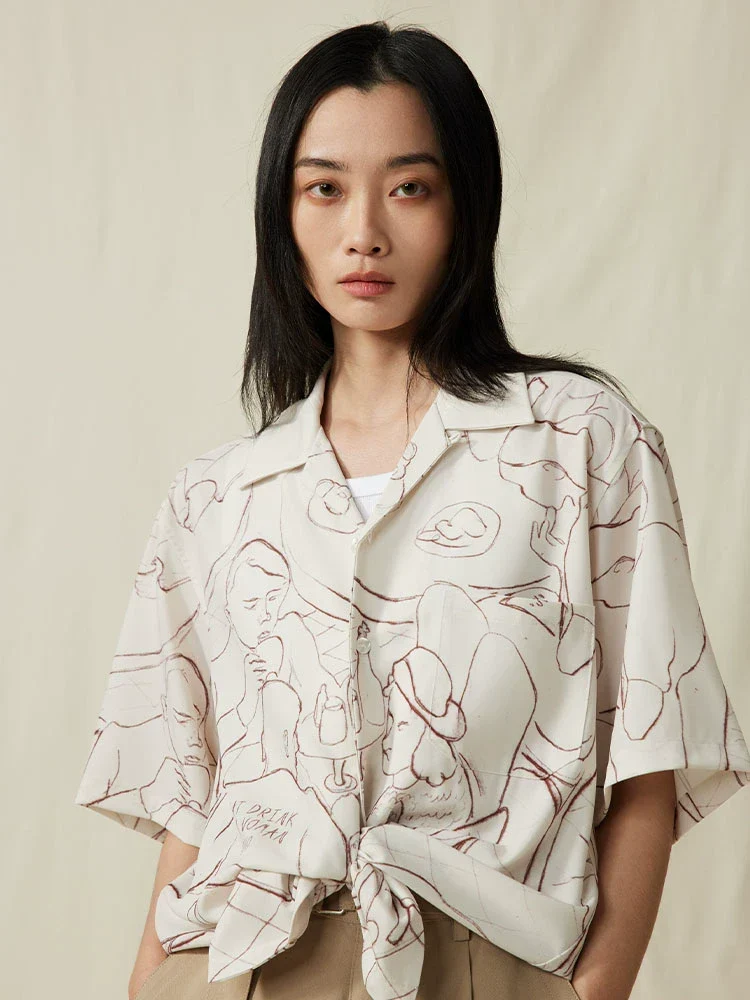 Retro Line-Drawn Cuban Collar Shirt