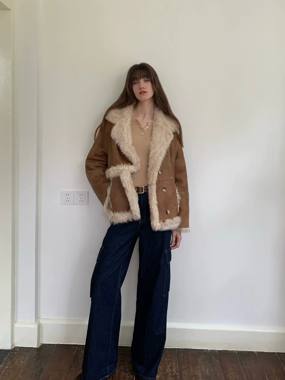Retro Spliced Tuscan Shearling Coat