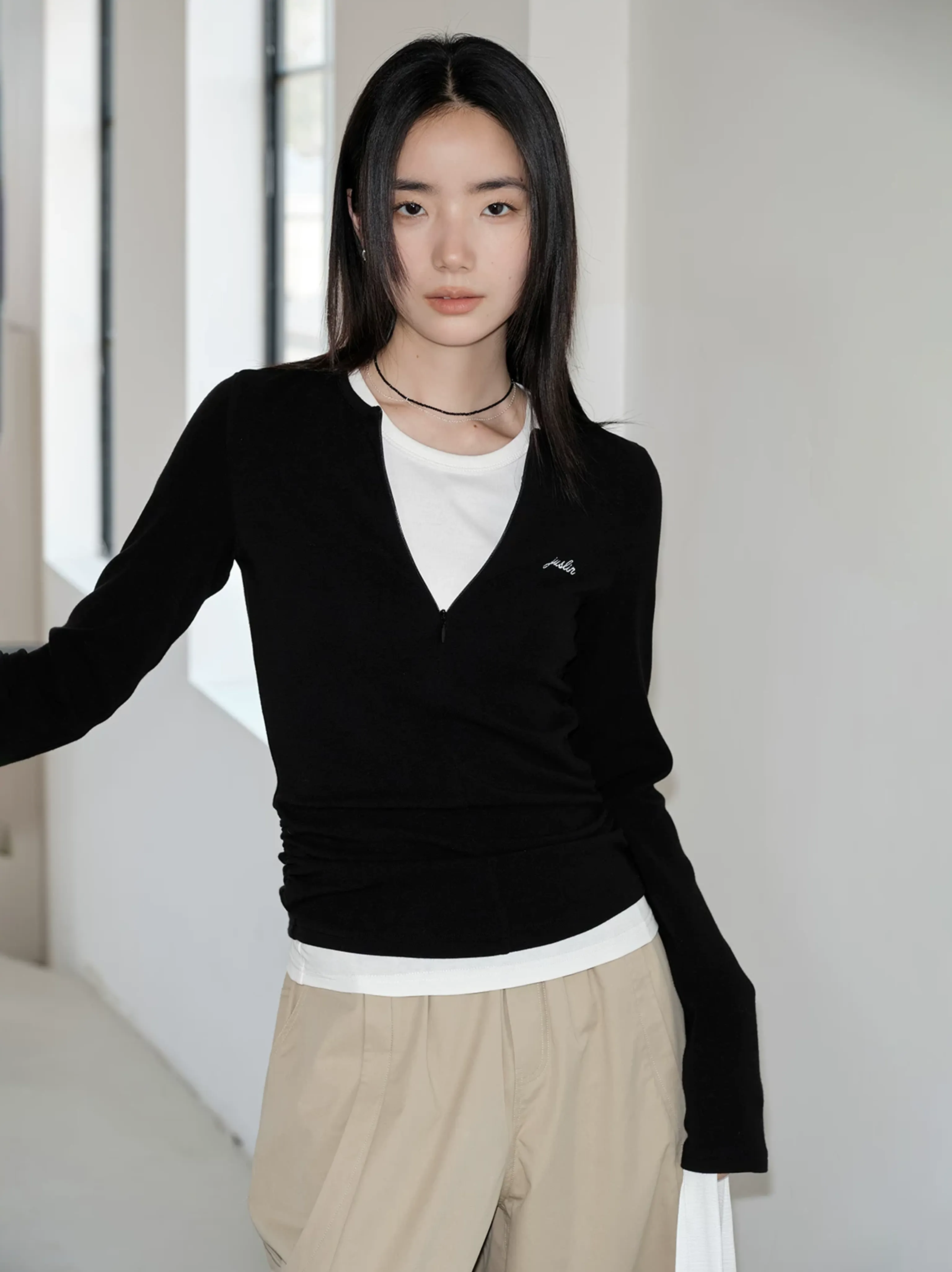 Retro Zip-Front Long Sleeve Top - Image 3