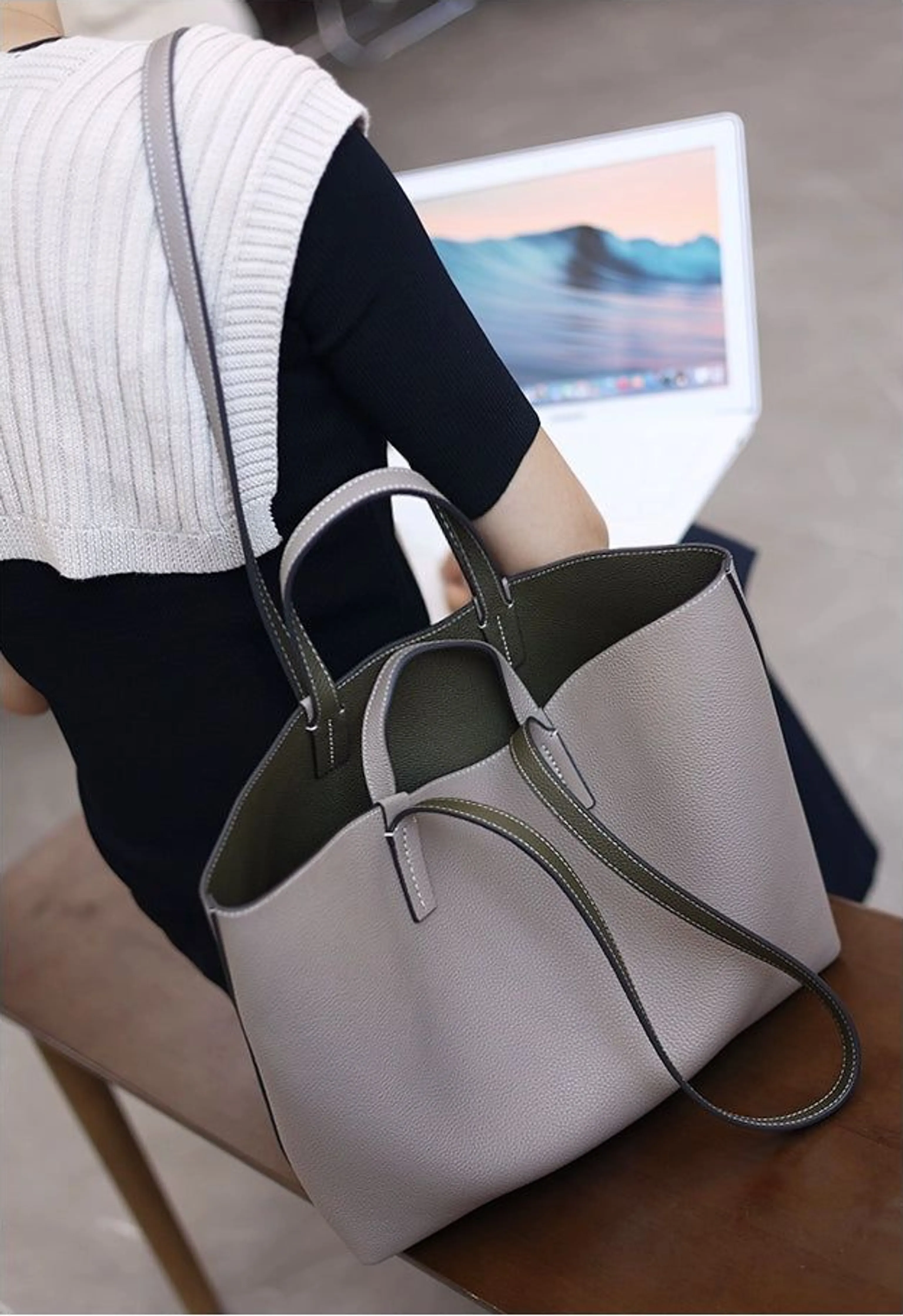 Reversible Cowhide Leather Tote - Image 12