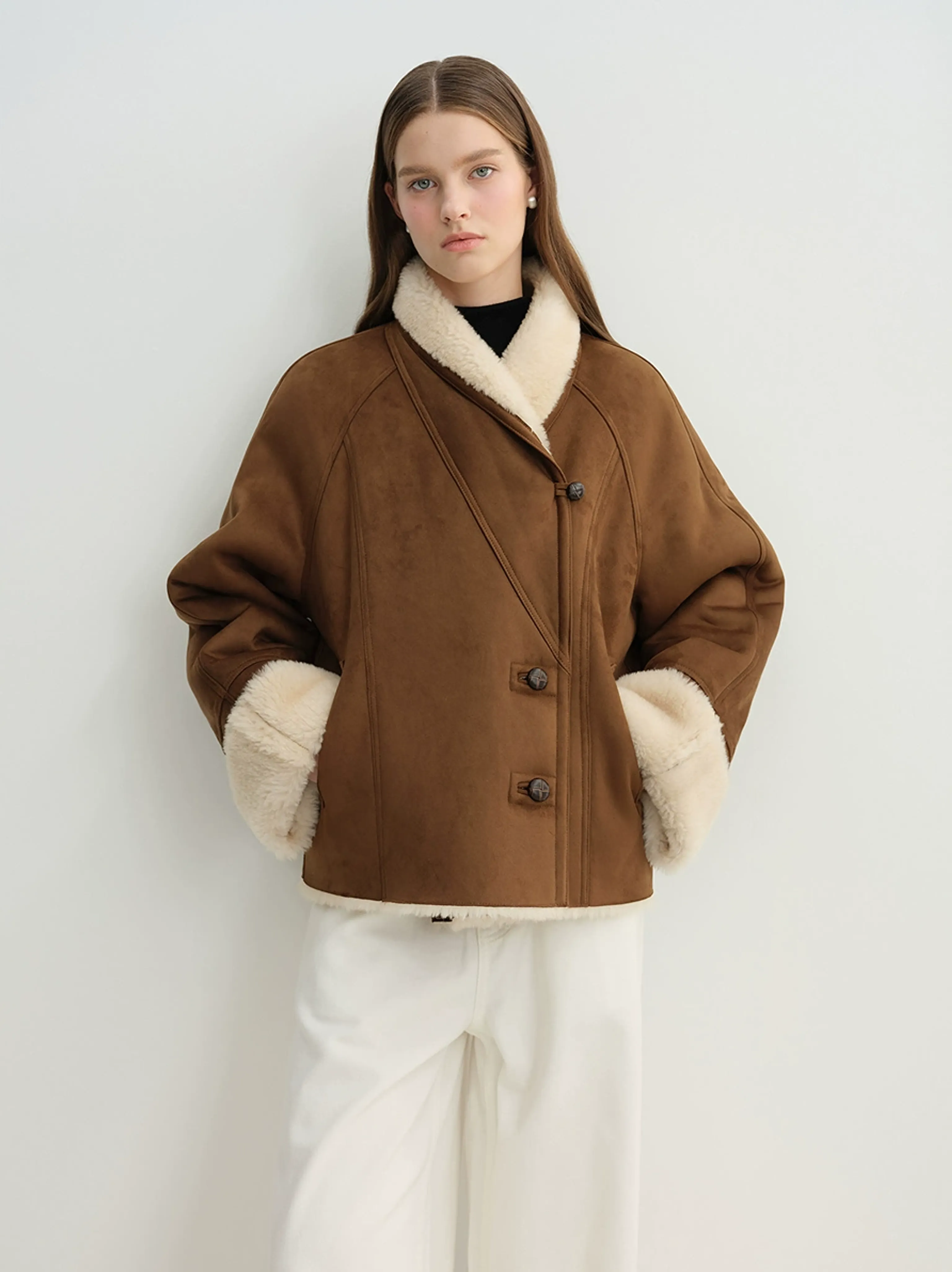 Reversible Faux Shearling Shawl Collar Jacket