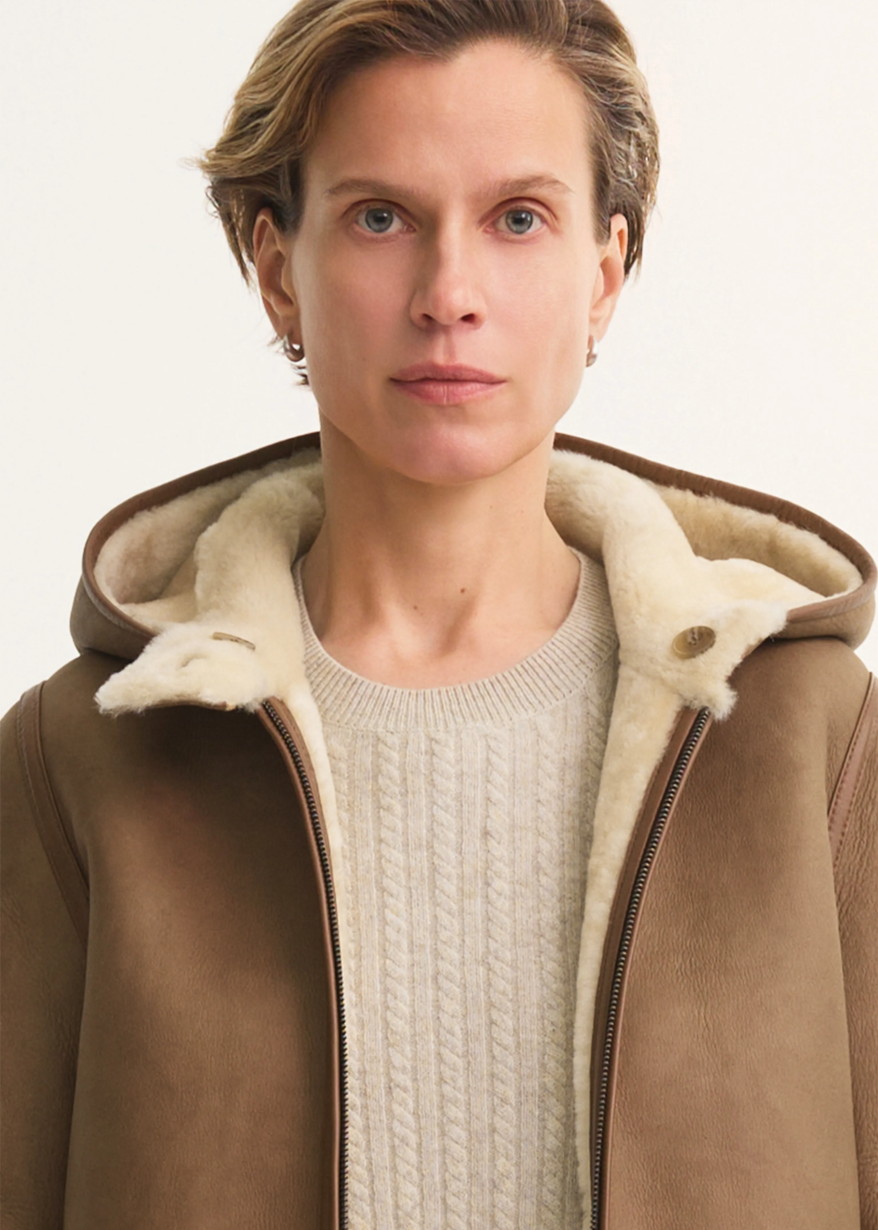 Reversible Hooded Shearling Coat