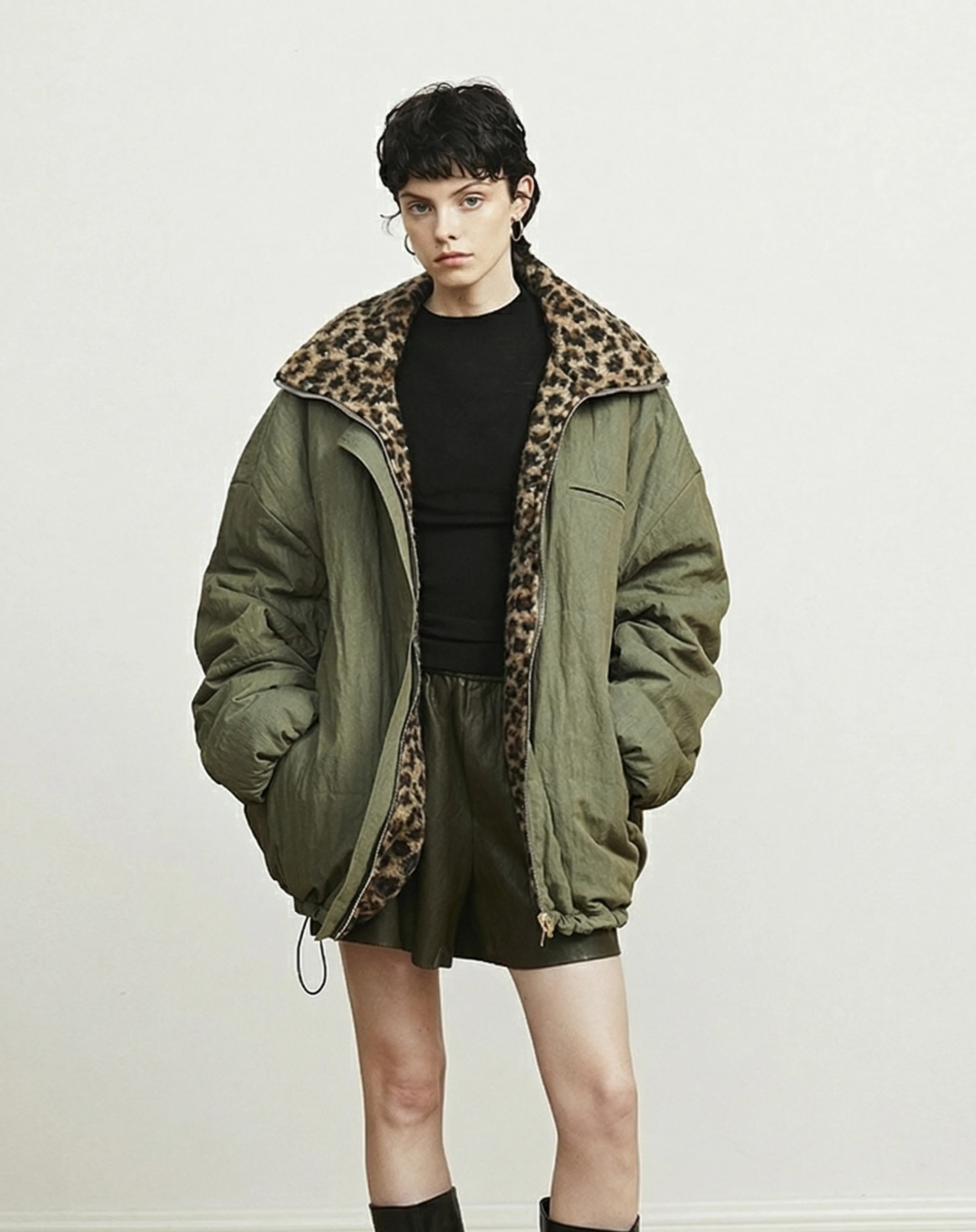 Reversible Olive-Leopard Padded Jacket