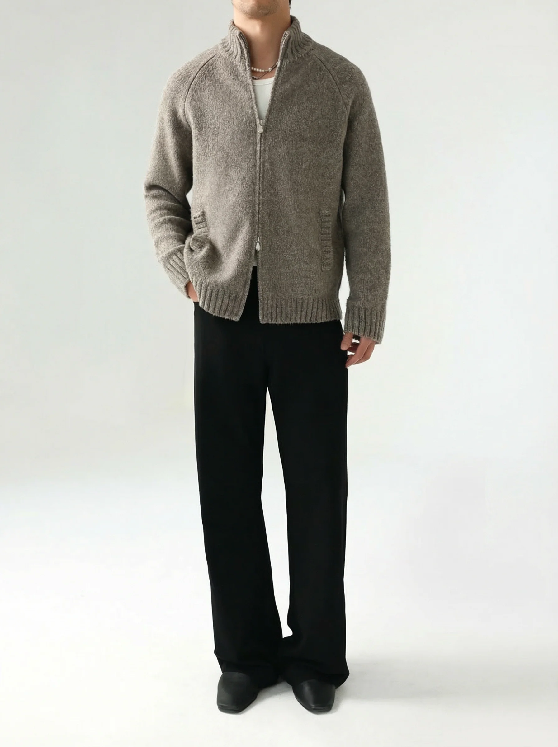 Rib Collar Zip Cardigan
