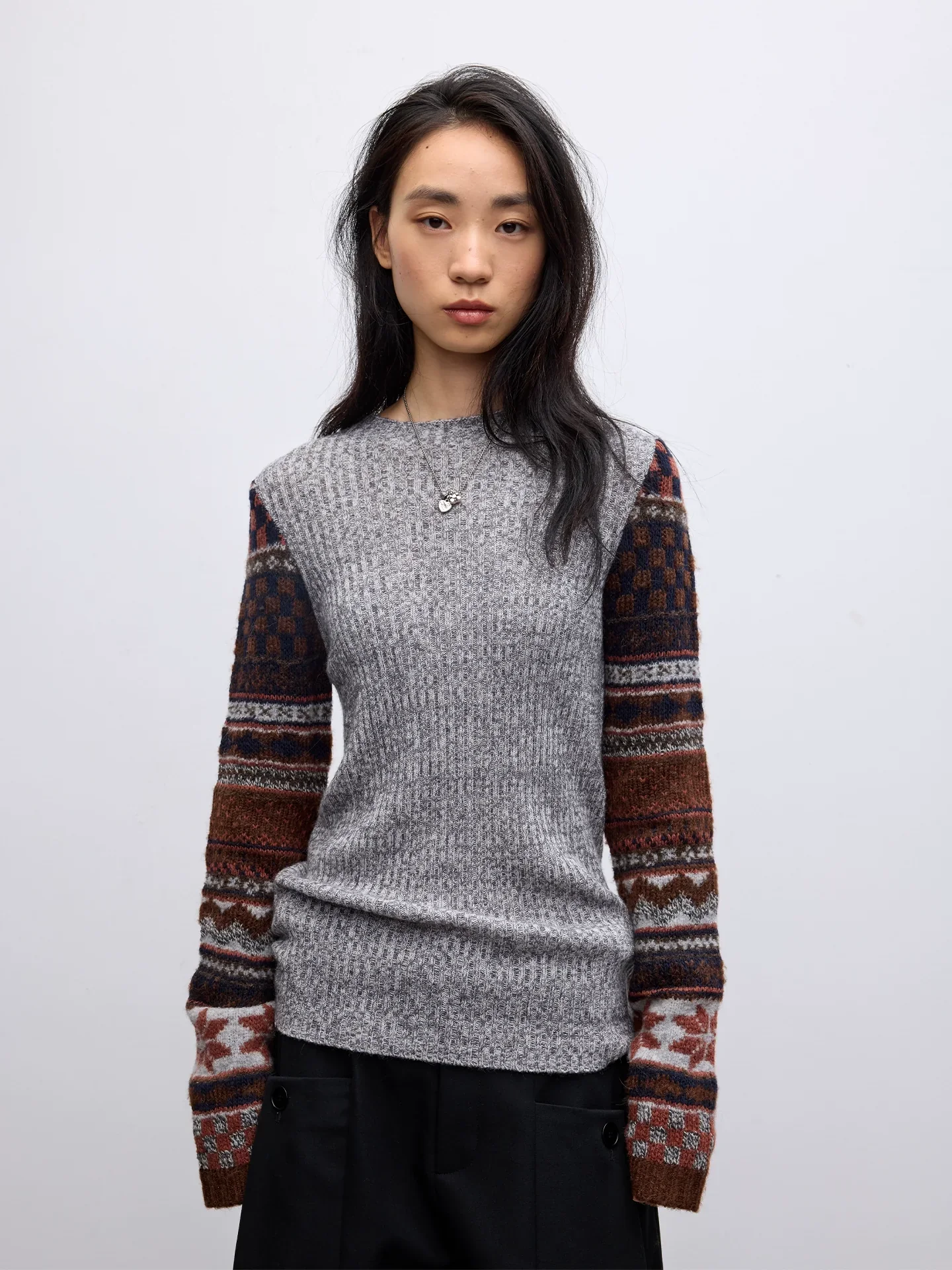 Ribbed Jacquard-Sleeve Sweater - Image 2